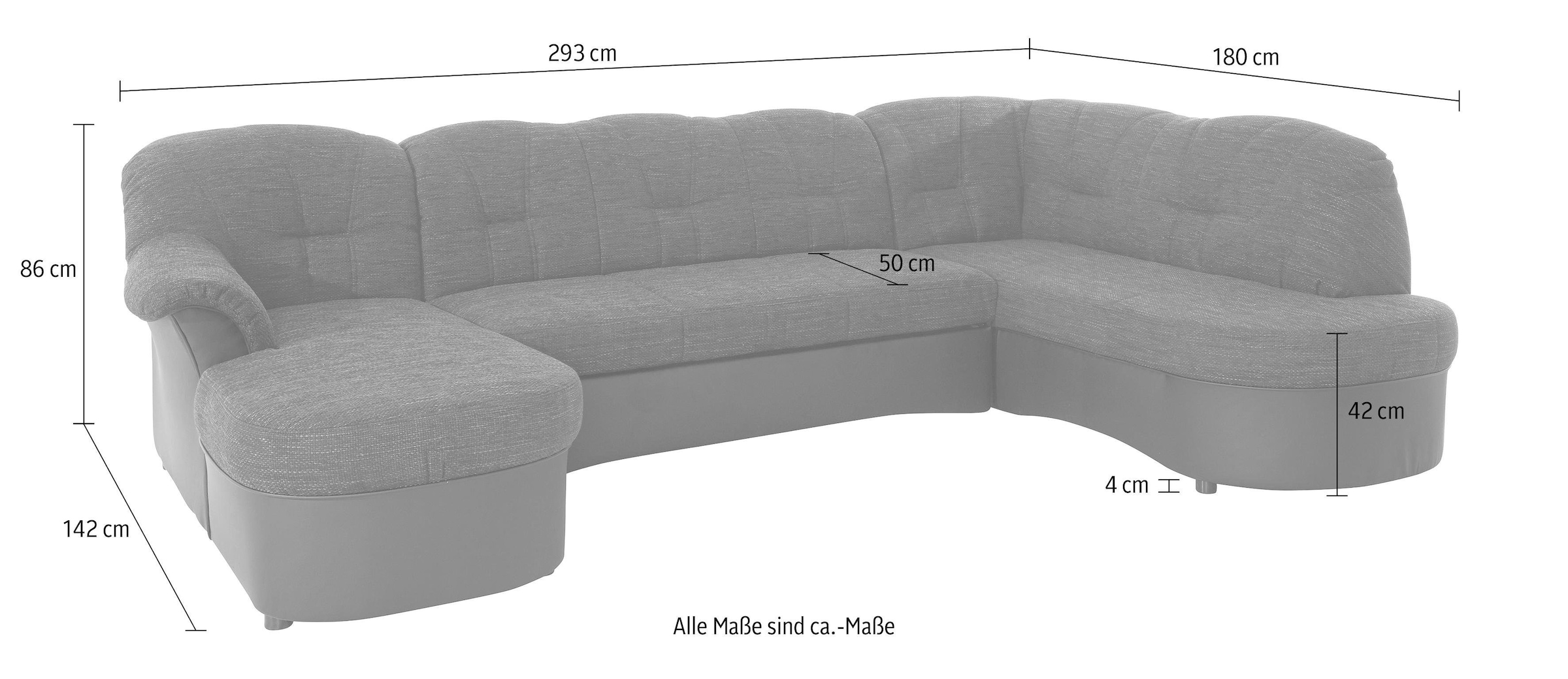 DOMO collection Wohnlandschaft »Flores auch in Leder-Bezug, B/T/H: 293/180/86 cm, U-Form«, (3 St.), wahlweise mit Bettfunktion, wahlweise mit Federkern