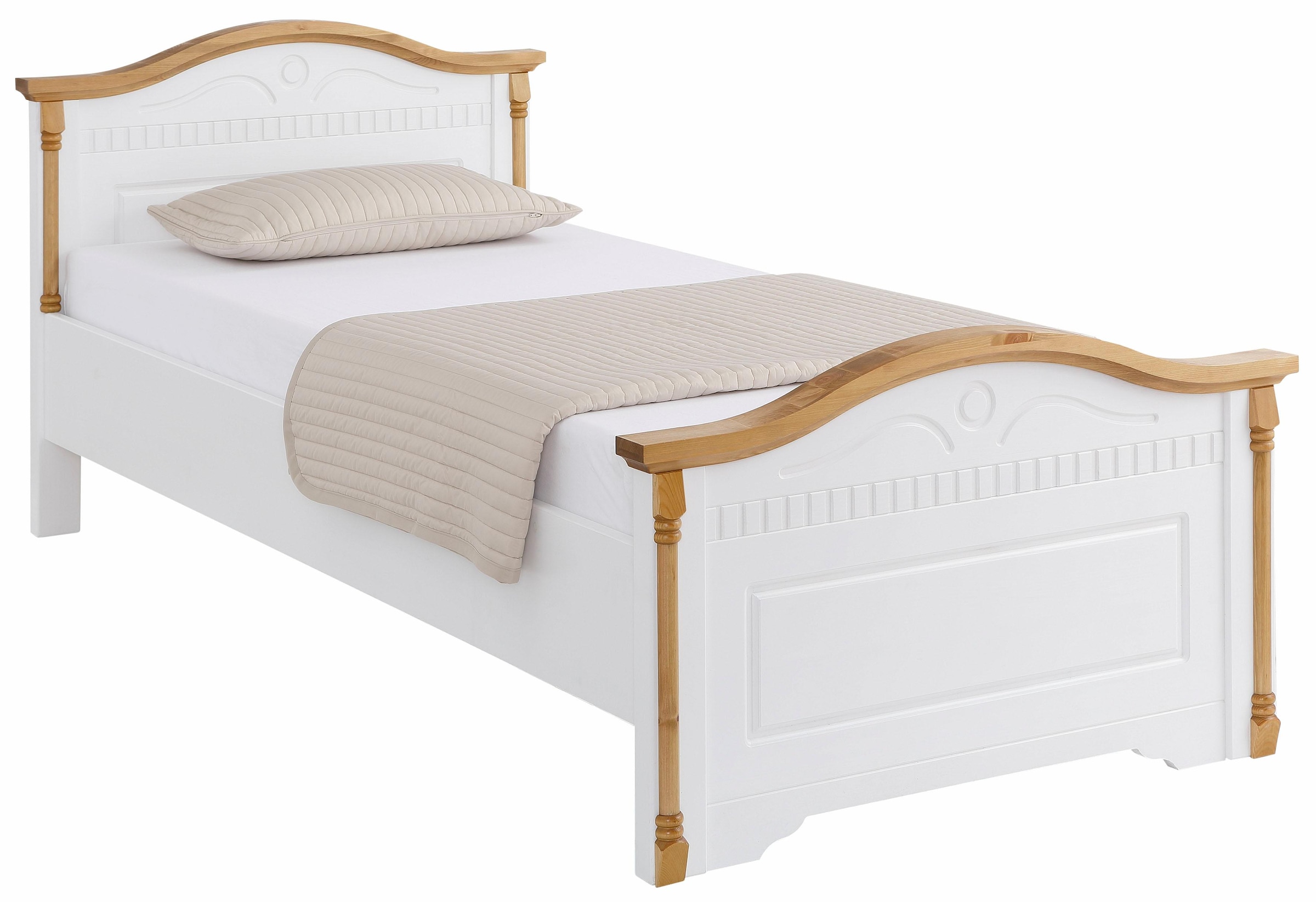 Home affaire Massivholzbett »Graz, hohe Belastbarkeit, klassischer Landhausstil, FSC® zertifiziert«, (Breite/Belastbarkeit 180cm/220 KG, 90cm/=120KG), mit dekorativen Fräsungen, inklusive Lattenrost