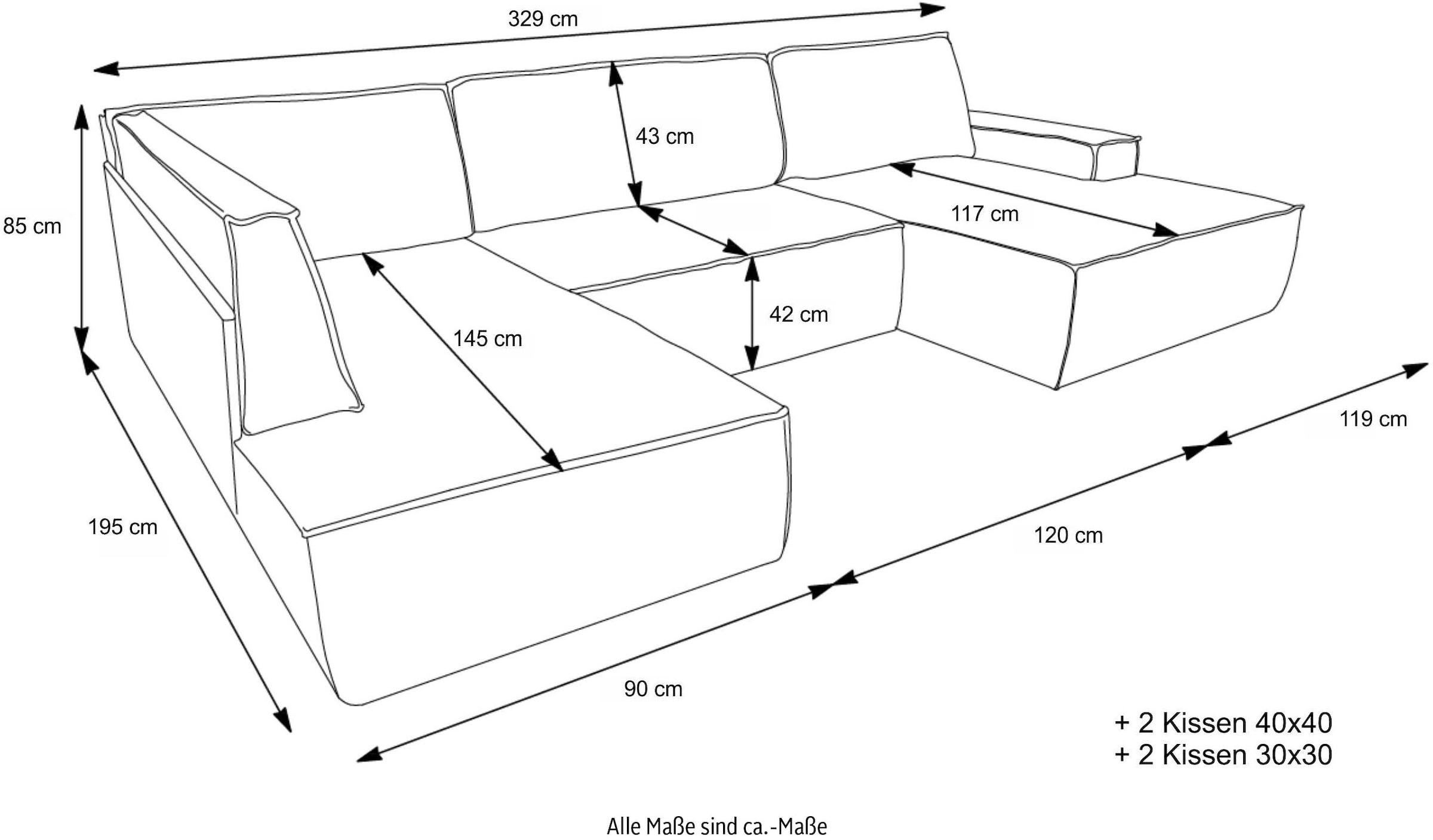 andas Wohnlandschaft »FINNLEY U-Form XXL 329 cm, Schlafsofa, Schlaffunktion m. Bettkasten«, (194/139 cm), Bouclé u. Struktur