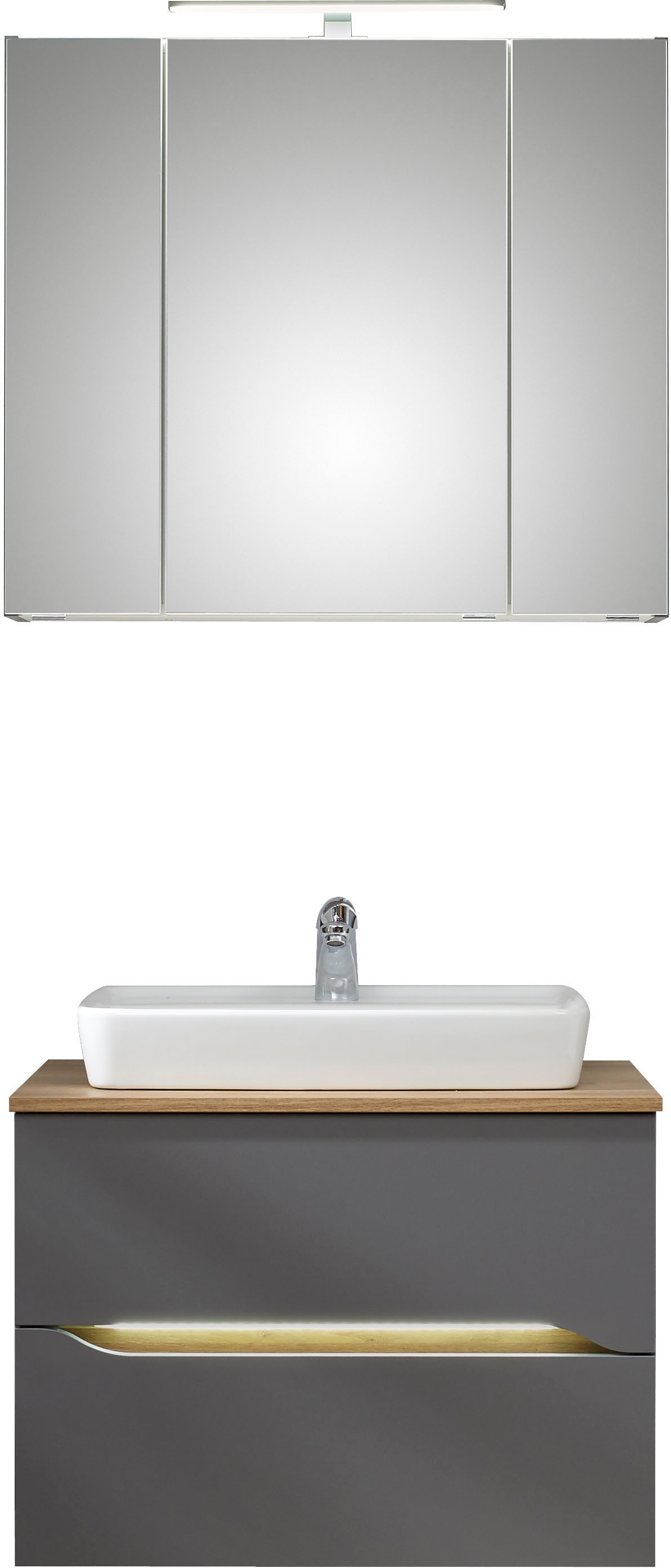Saphir Badmöbel-Set »Quickset 2-teilig, Keramik-Aufsatzbecken mit LED-Spiegelschrank«, (5 St.), Waschplatz 80 cm breit, inkl. Türdämpfer, 3 Türen, 2 Schubladen