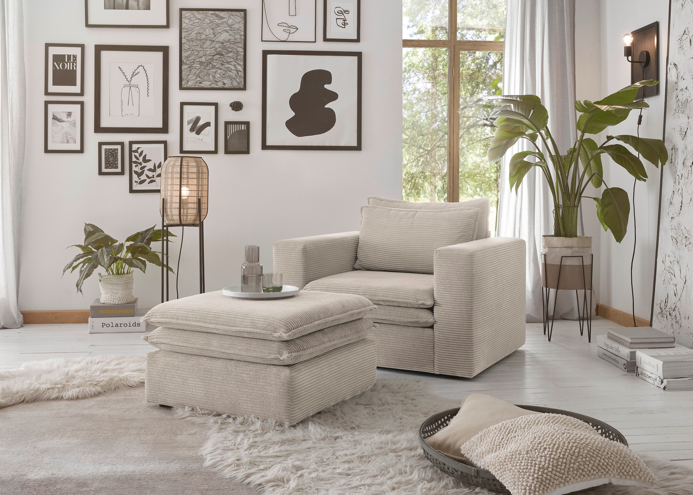 Places of Style Sitzgruppe »PIAGGE«, (2 tlg.), Hochwertiger Cord, Sessel und Hocker klein im Set