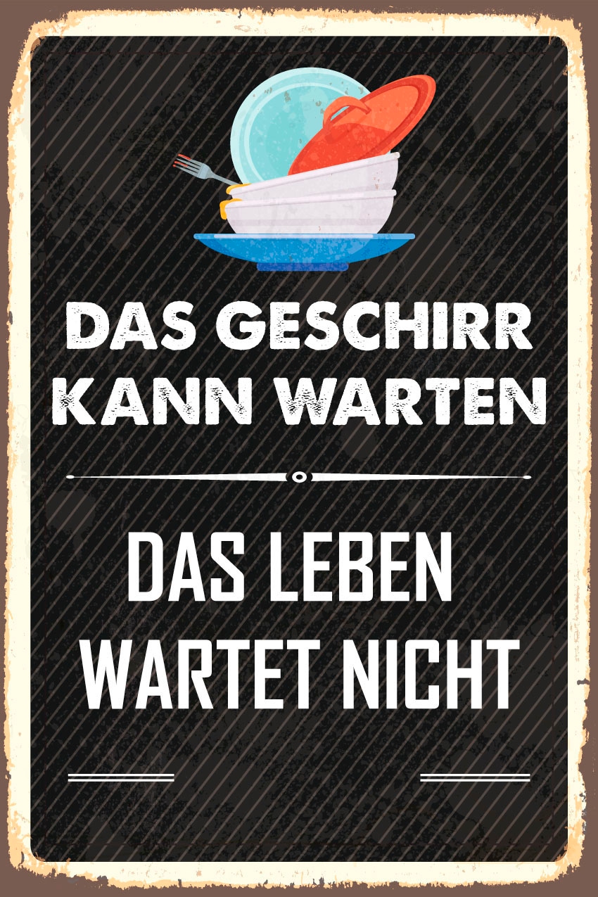 queence Metallbild »Geschirr kann warten«, Schriftzüge-Schriftzug, (1 St.), Stahlschilder