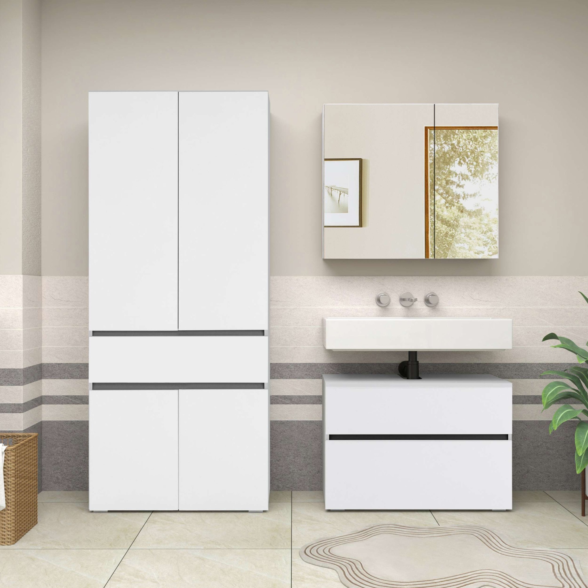 Home affaire Badmöbel-Set »Wisla«, (Set, 2 St.), Spiegelschrank, WBU mit Siphonausschnitt u. Push-to-open, Breite 80 cm