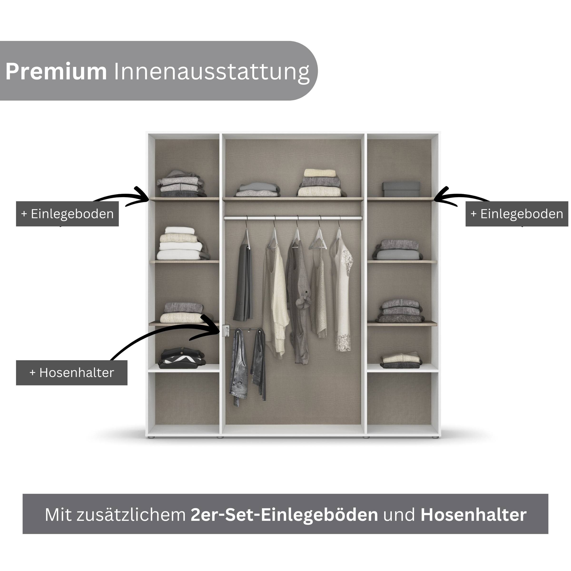 rauch Drehtürenschrank »Kleiderschrank Schrank Garderobe Wäscheschrank VOYAGER«, (in 3 verschiedenen Ausstattungen BASIC/CLASSIC/PREMIUM), mit modernen Griffen in Graumetallic, inkl. Schubkästen und Spiegel