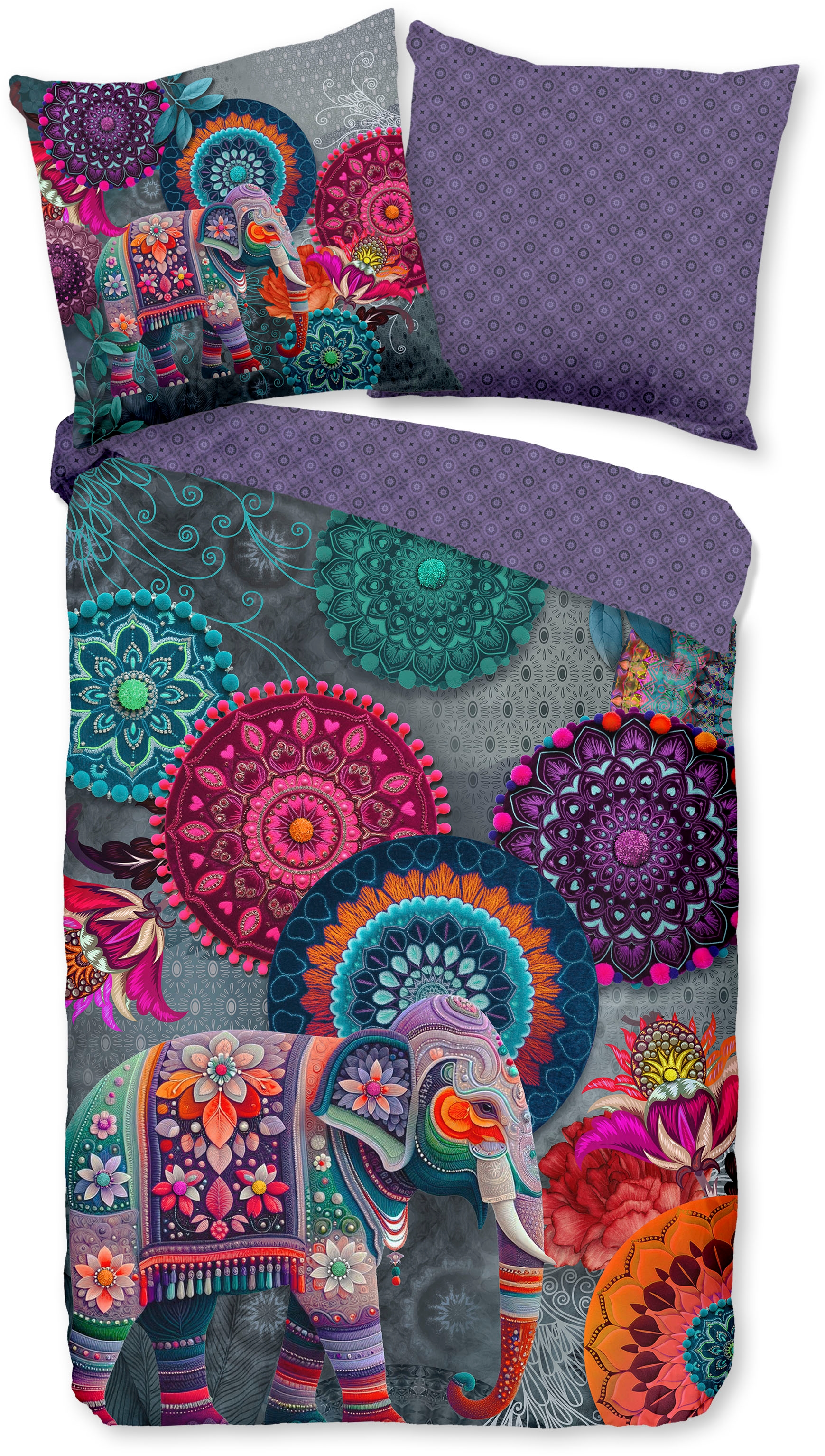 hip Wendebettwäsche »Abhay« 2 Satin, Reißverschluss, Wendeoptik, Mandala, Elefant, Violett