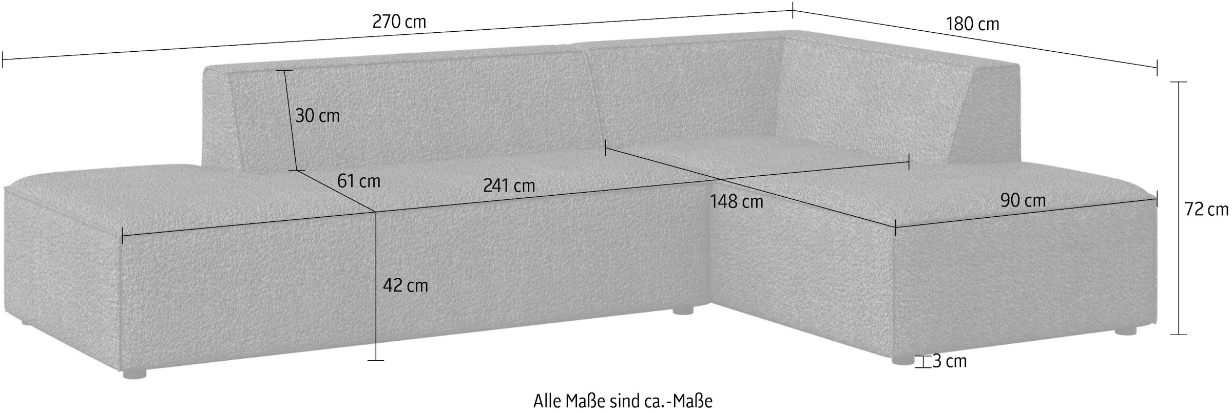 INOSIGN Ecksofa »Ecksofa Cavan mit Ottomane links oder rechts bestellbar«, L-Form mit Wellenunterfederung, Maße B/T/H: 270/180/72 cm