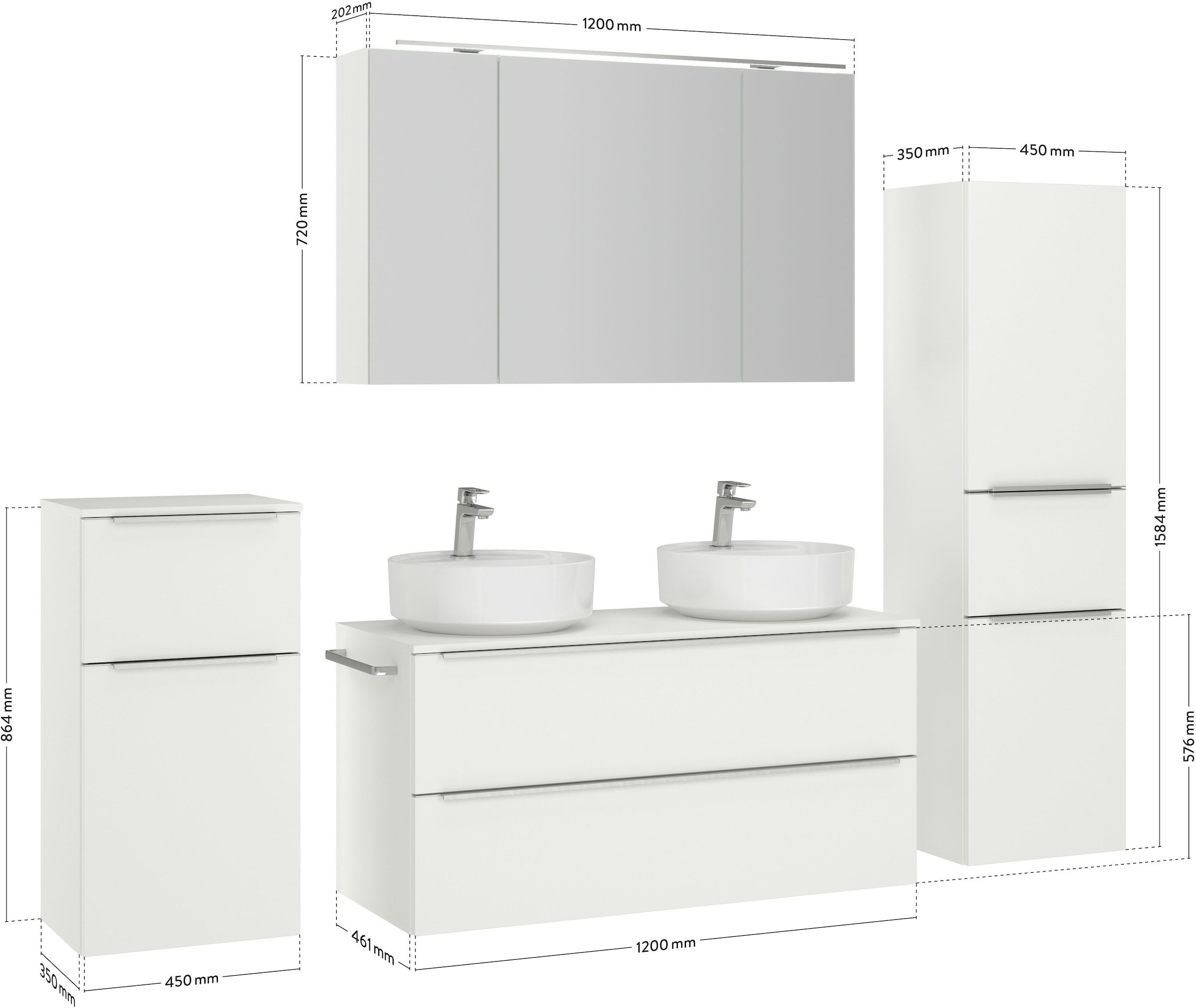 nobilia® Badmöbel-Set »Alvene«, (4 St., vormontiert, mit Soft-Close), inkl. Spiegelschrank mit Beleuchtung und Dimmerfunktion, in 4 Breiten