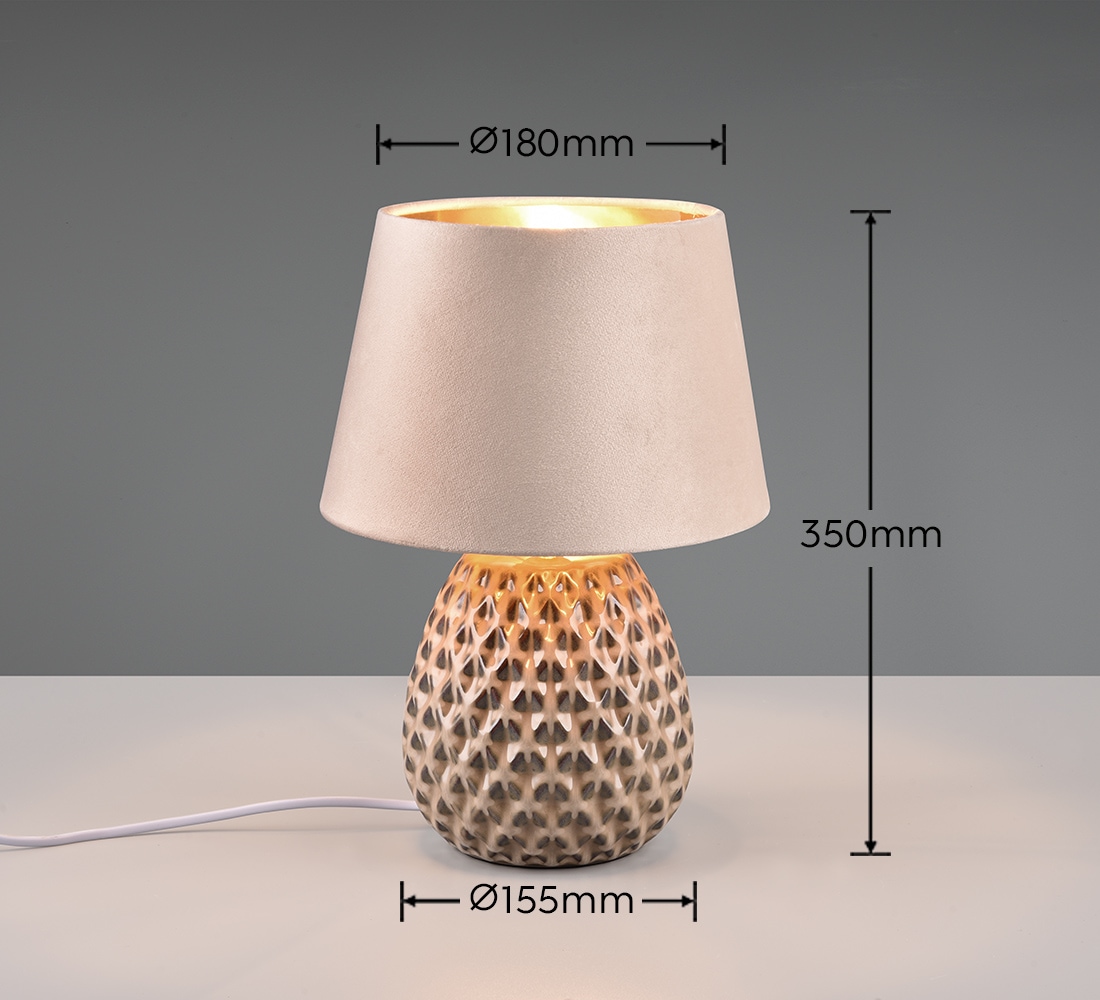 REALITY Leuchten Schreibtischlampe »ARIANA Tischleuchte exkl 1xE27 max60W Höhe 35cm Ø 24cm Nachttischlampe«, 1 flammig, Leuchtmittel E27 | Leuchtmittel wechselbar, Struktur Keramik Samt Schirm innen gold,Tischlampe mit Schnurschalter