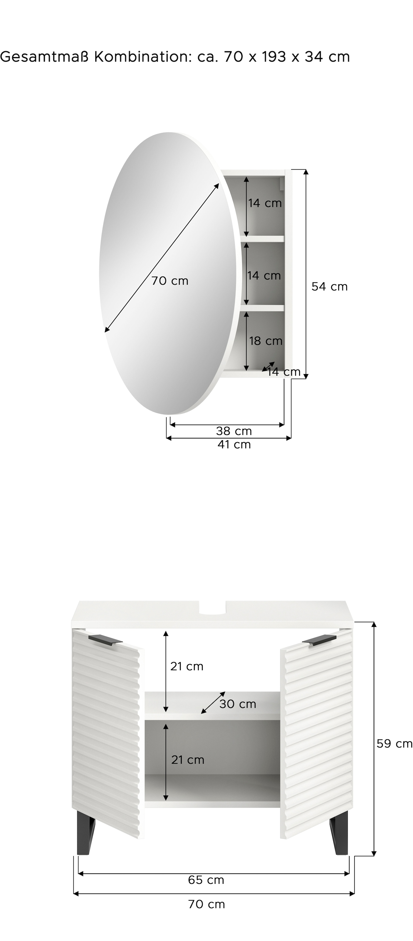 welltime Badmöbel-Set »Litica, Breite 70 cm, hochwertige Rillenfräsung, Metallkufen«, (2 St.), best. aus.: Waschbeckenunterschrank, Spiegelschrank
