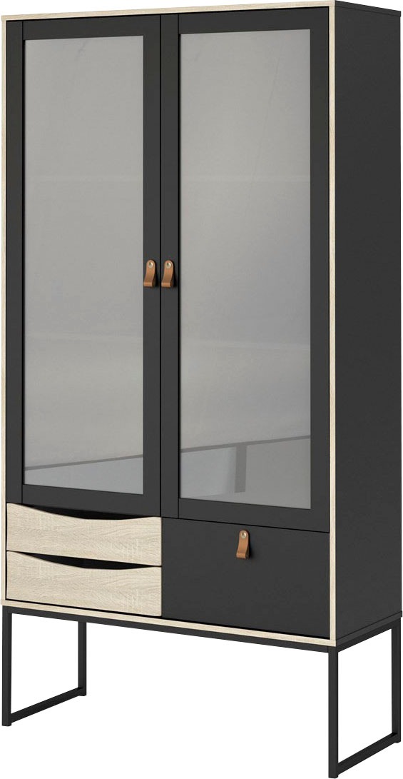 andas Vitrine »Stubbe«, Glasvitrine mit zwei Rahmentüren, 3 Schubkästen, Leder-Griffe
