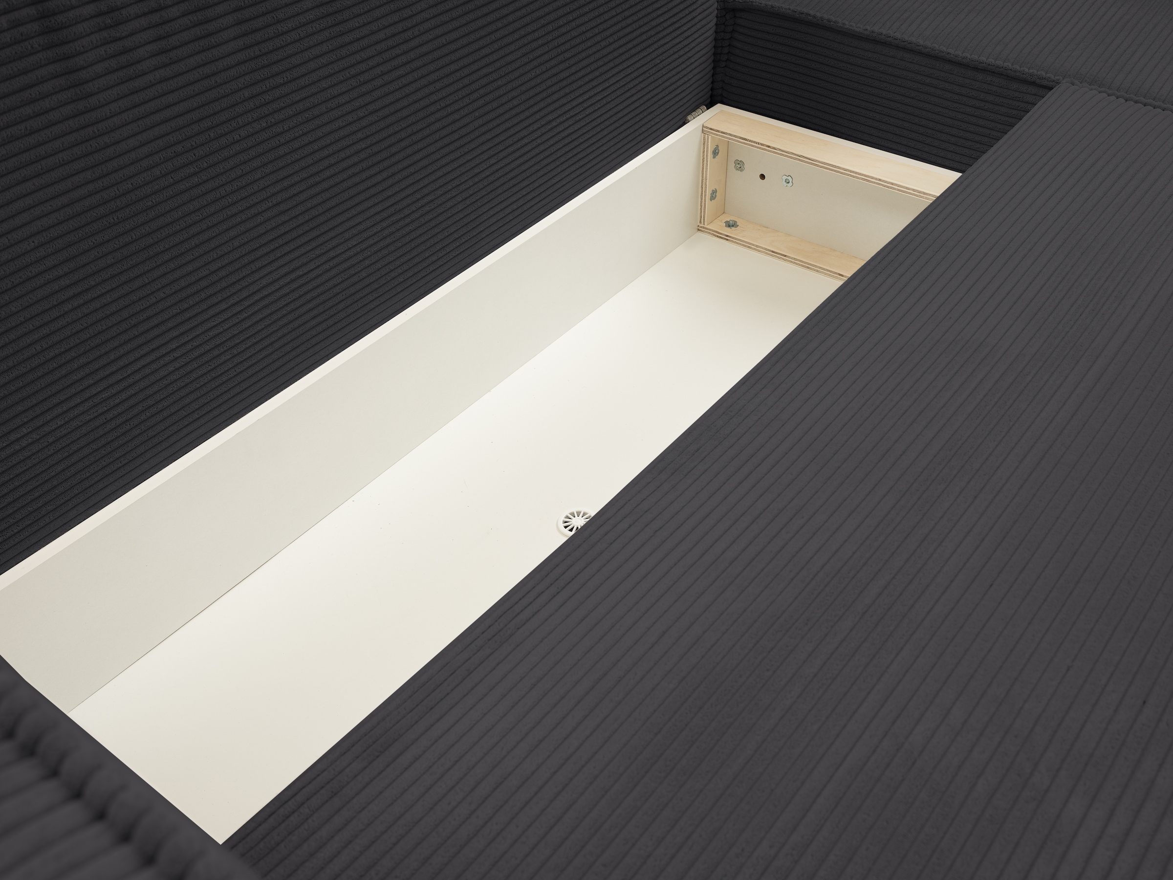WERK2 Ecksofa »Atlanta-New, modernes Design, Stellmaße 280x147cm, L-Form, Kedernaht«, hoher Komfort, Schlaffunktion & Bettkasten, Cord, Anthrazit