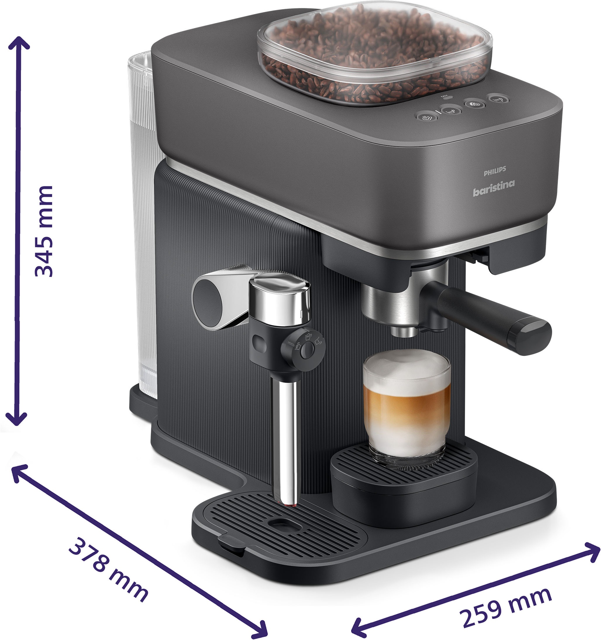 PHILIPS baristina Espressomaschine »Latte BAR400/60 mit Mahlwerk für ganze Bohnen und Milchschaumdüse« 3 Schaumarten, 16 bar Pumpendruck, Schwarzgrau​
