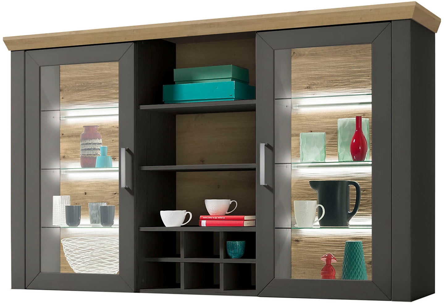 set one by Musterring Aufsatzschrank »York«, Typ 24, Glastüren und Flaschenregal, Beleuchtung optional, B 184 cm