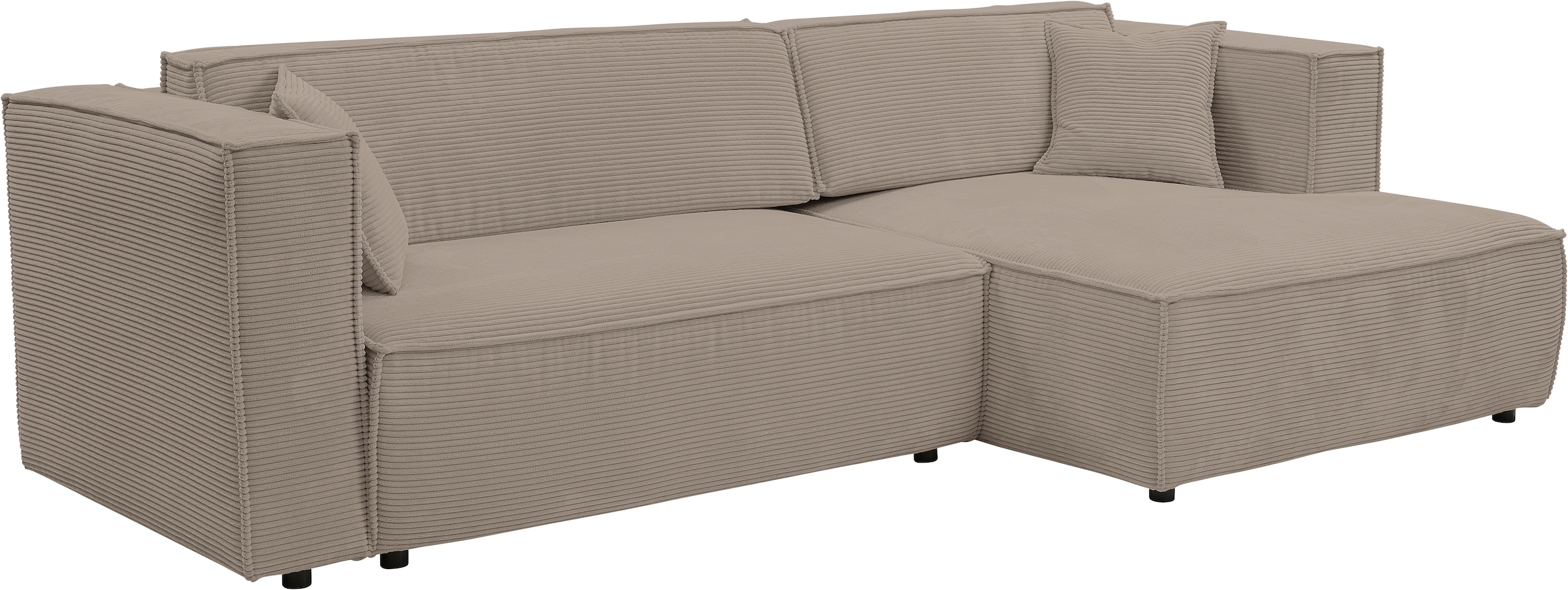 WERK2 Ecksofa »Atlanta-New, modernes Design, Stellmaße 280x147cm, L-Form, Kedernaht«, hoher Komfort, Schlaffunktion & Bettkasten, Cord, Greige