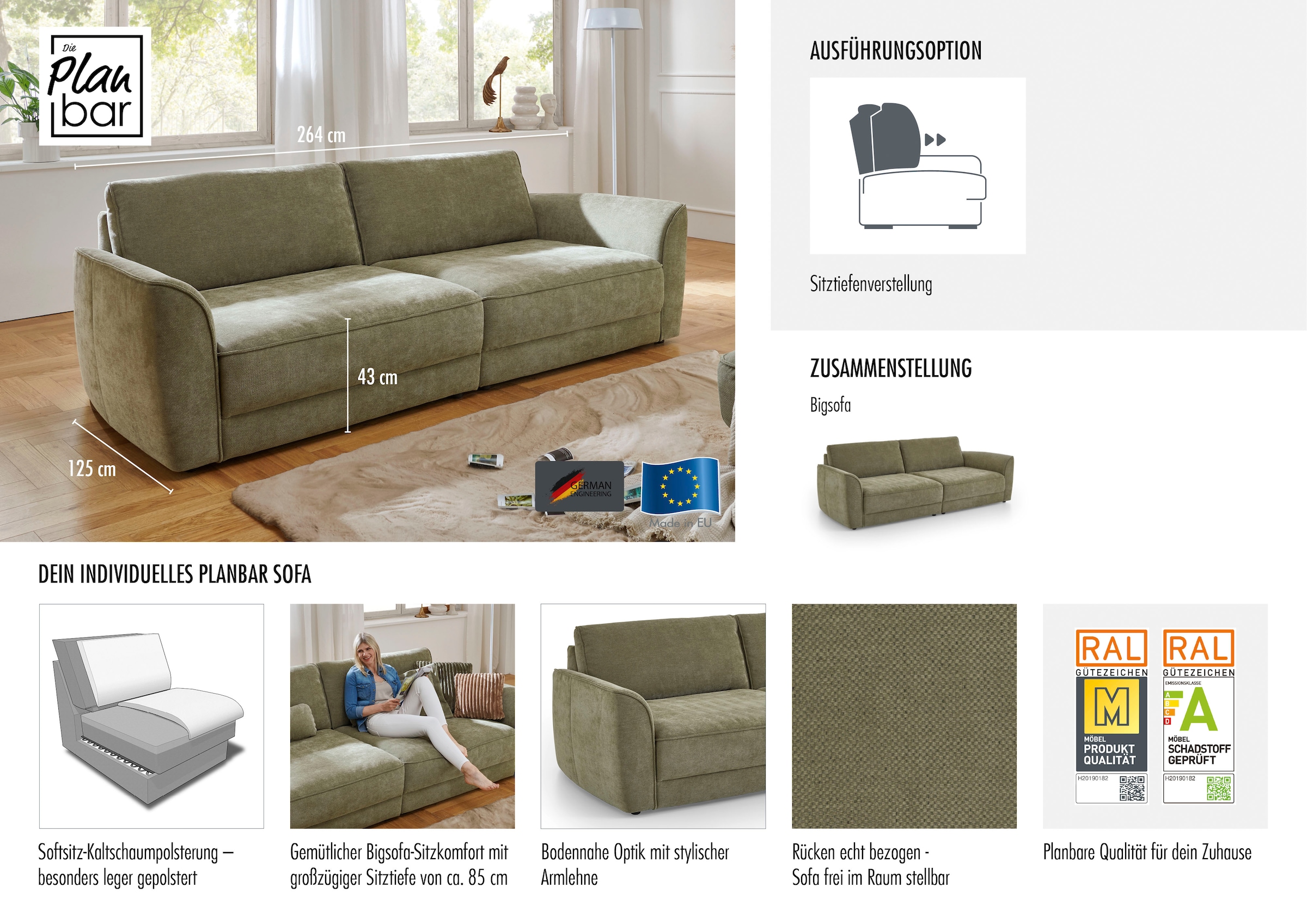 Die PlanBar Big-Sofa »ZE-EM24138, 264 cm breit, XXL Couch mit Softsitz« Kaltschaum Polstersofa, optional mit Sitztiefenverstellung