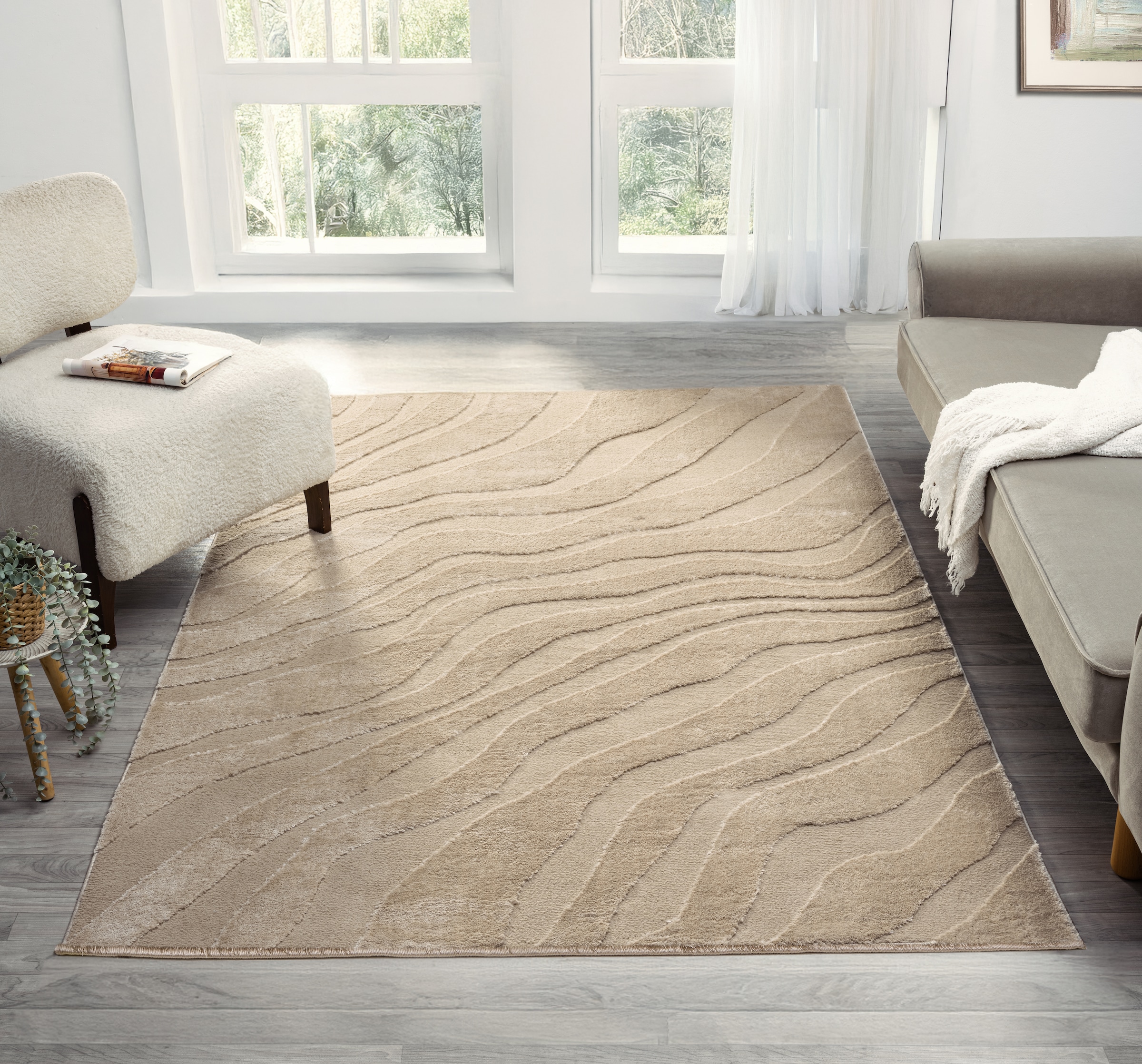 OTTO home Teppich »Benia, Hoch-Tief-Struktur«, rechteckig, 19 mm Höhe, Wellen-Design, leichter Glanz, modern, Wohnzimmer, Schlafzimmer