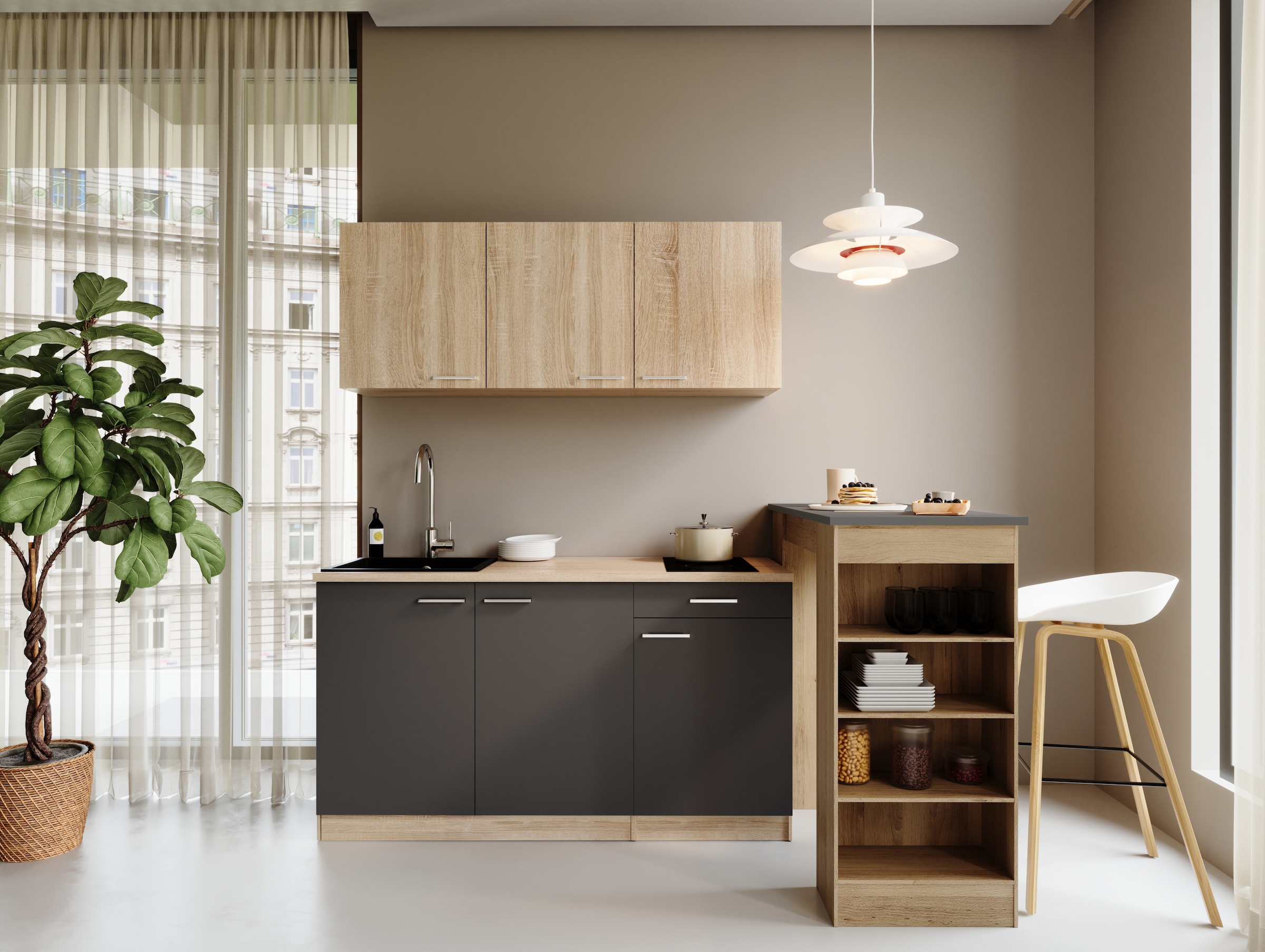 RESPEKTA Pantryküche »Ingrid, inkl. Tresentisch« zerlegt, wahlweise mit Kühlschrank, Soft-Close-Funktion, Breite 150 cm