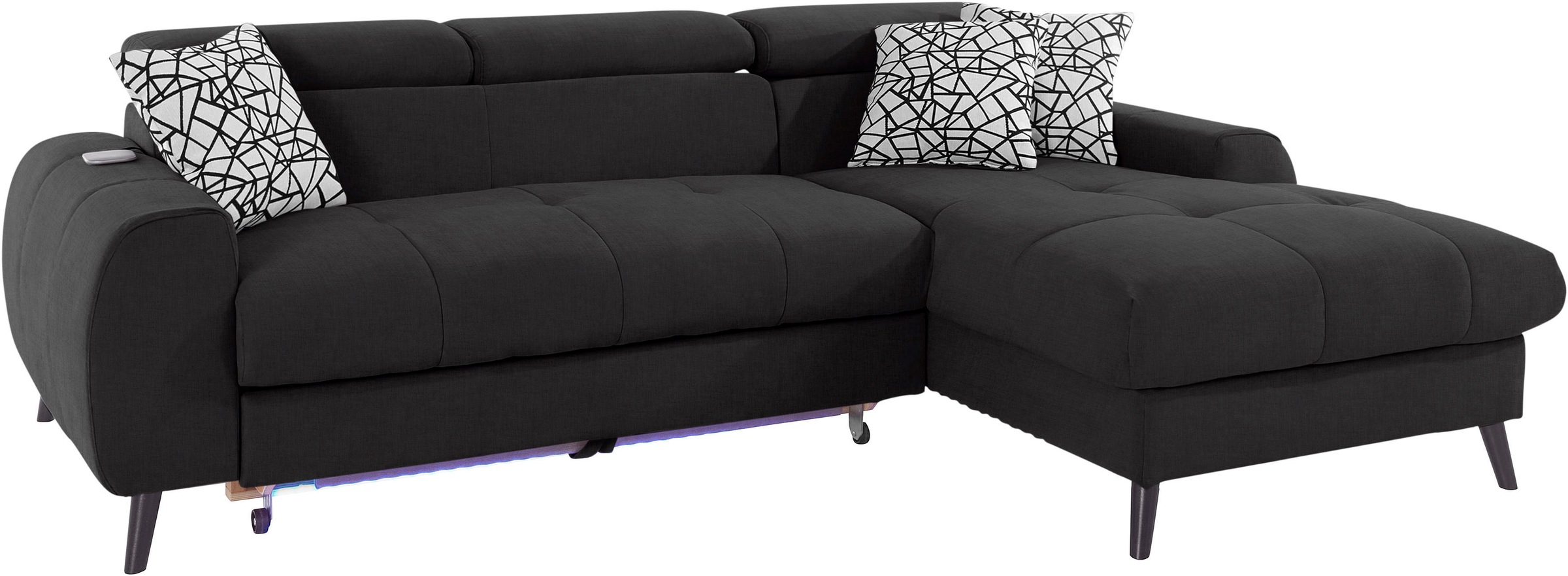 COTTA Ecksofa »Mia L-Form mit 3 Zierkissen«, wahlweise mit Bettfunktion, Bettkasten, Beleuchtung & Wireless-Charger