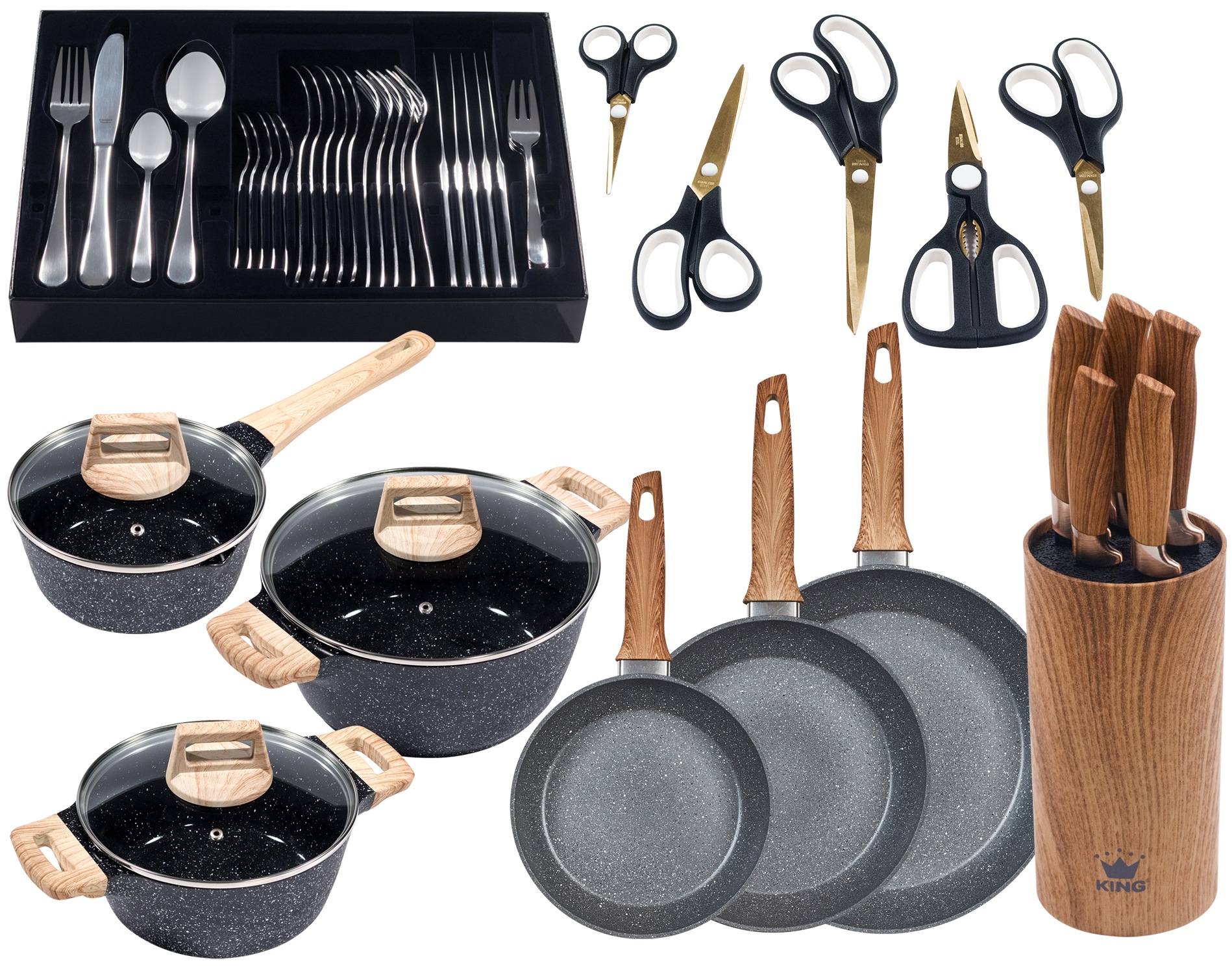 KING Topf-Set »Essential 21« Aluminiumguss Set, 3Töpfe,5Messer,Messerblock, günstig online kaufen