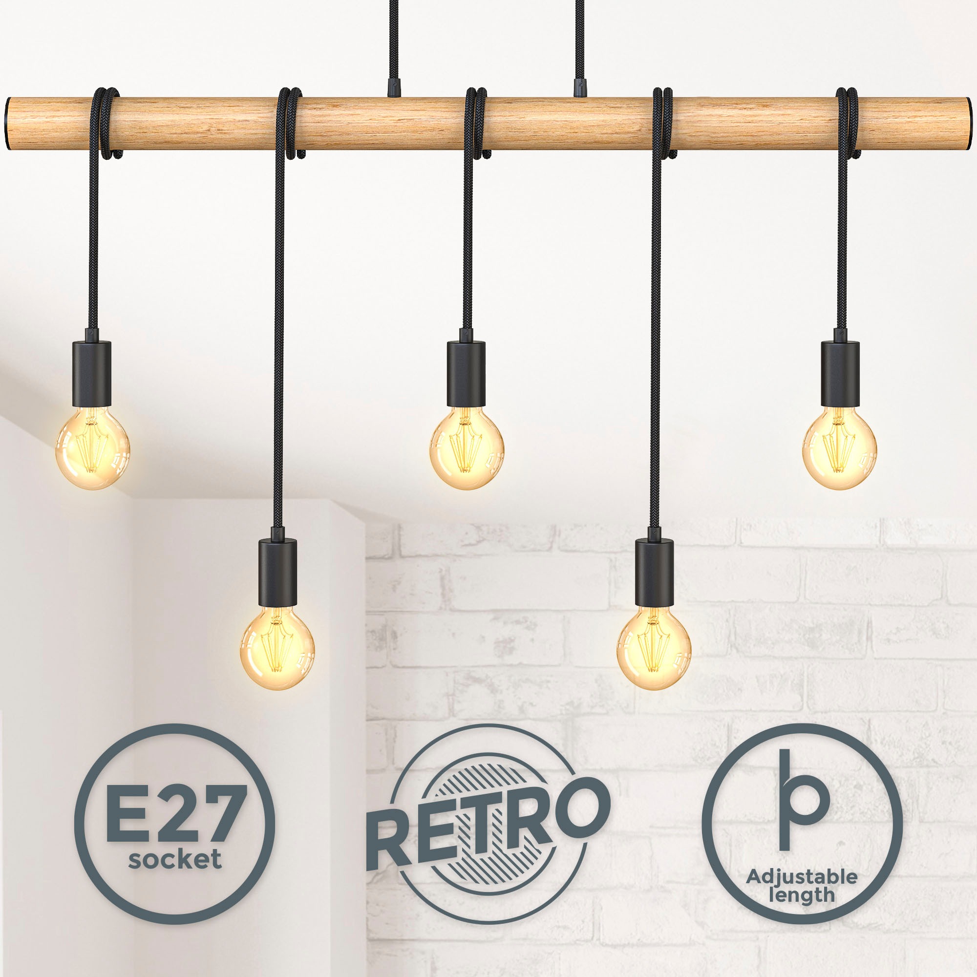B.K.Licht Pendelleuchte »BK_PL1339 Holz-Pendellampe, Schwarz matt, Hängelam günstig online kaufen