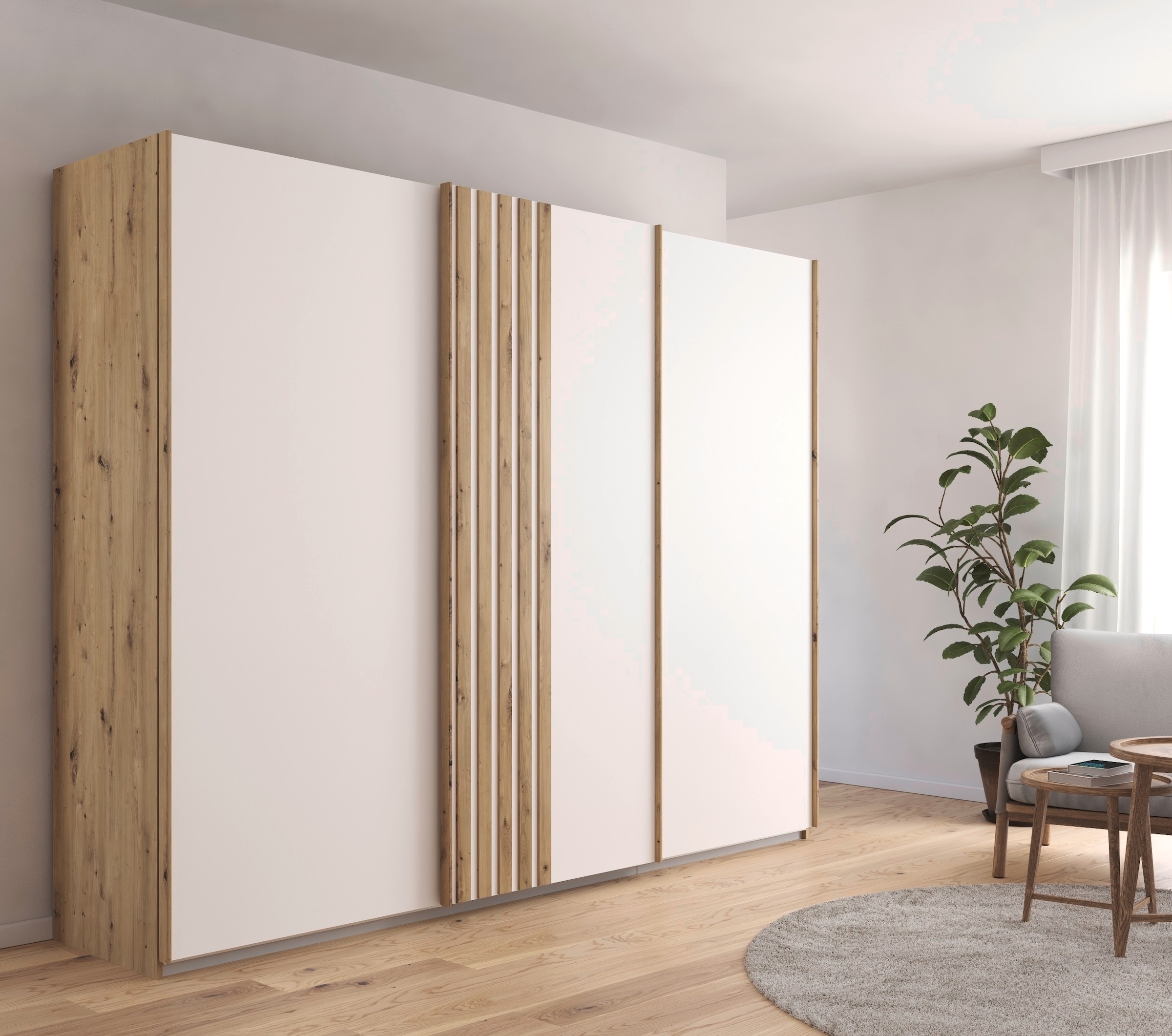 rauch Schwebetürenschrank »Kleiderschrank Schrank Garderobe MOSBACH«, moderne Lamellen-Auflage in 3D Akustikpaneel Optik MADE IN GERMANY