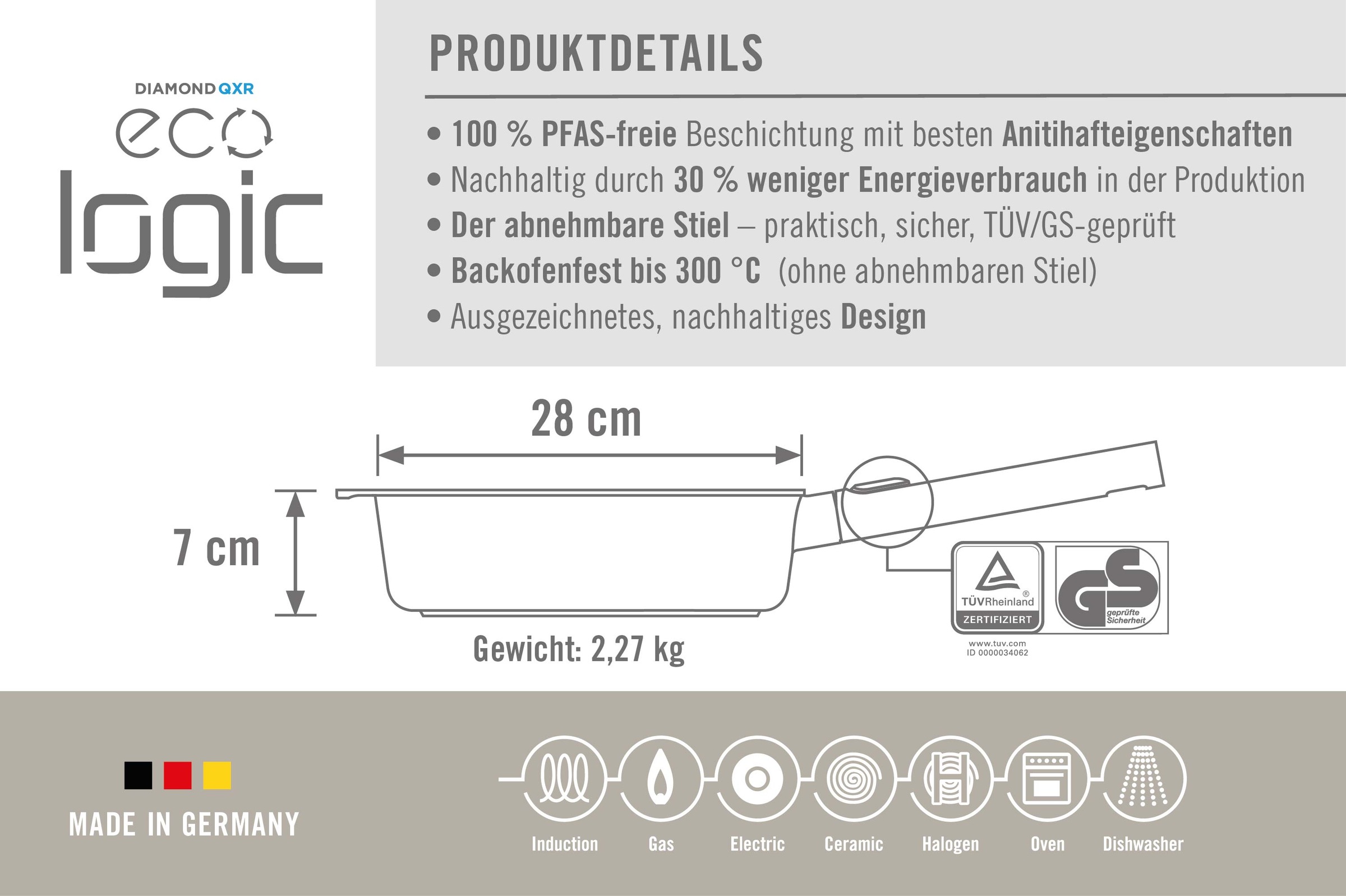 WOLL Schmorpfanne »Eco Logic QXR Guss-Hochrandpfanne«, Aluminiumguss, (1 tlg.), PFAS-freie Diamond-QXR - Beschichtung