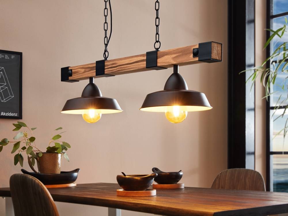 EGLO Hängeleuchte »OLDBURY«, 2 flammig, Leuchtmittel E27 | ohne Leuchtmittel, Vintage Pendelleuchte, Schwarz, braun, E27, 86 cm, FSC zertifiziert