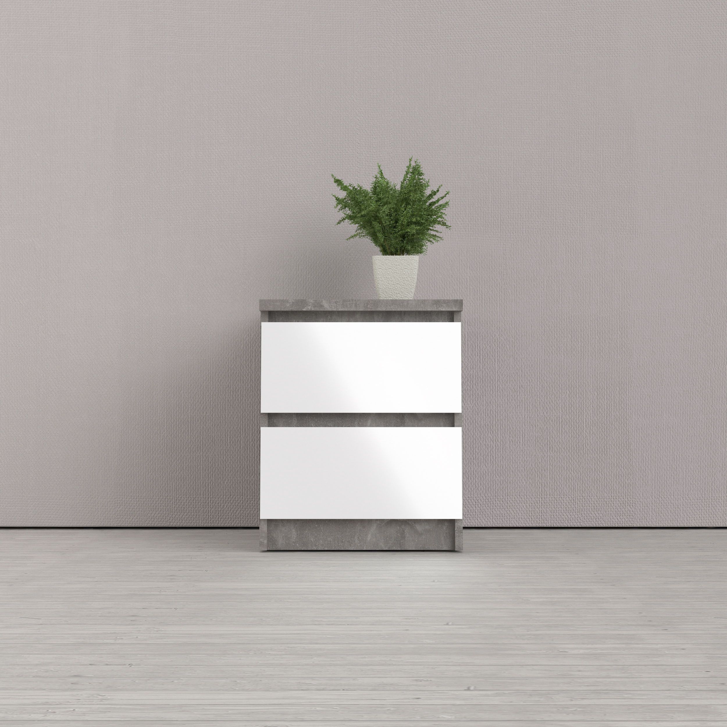 Nachttisch „Naia“, Eleganter Nachttisch mit 2 Schubladen, weiß hochglanz/betonfarben B/H/T: 40,4 cm x 49,5 cm x 50 cm