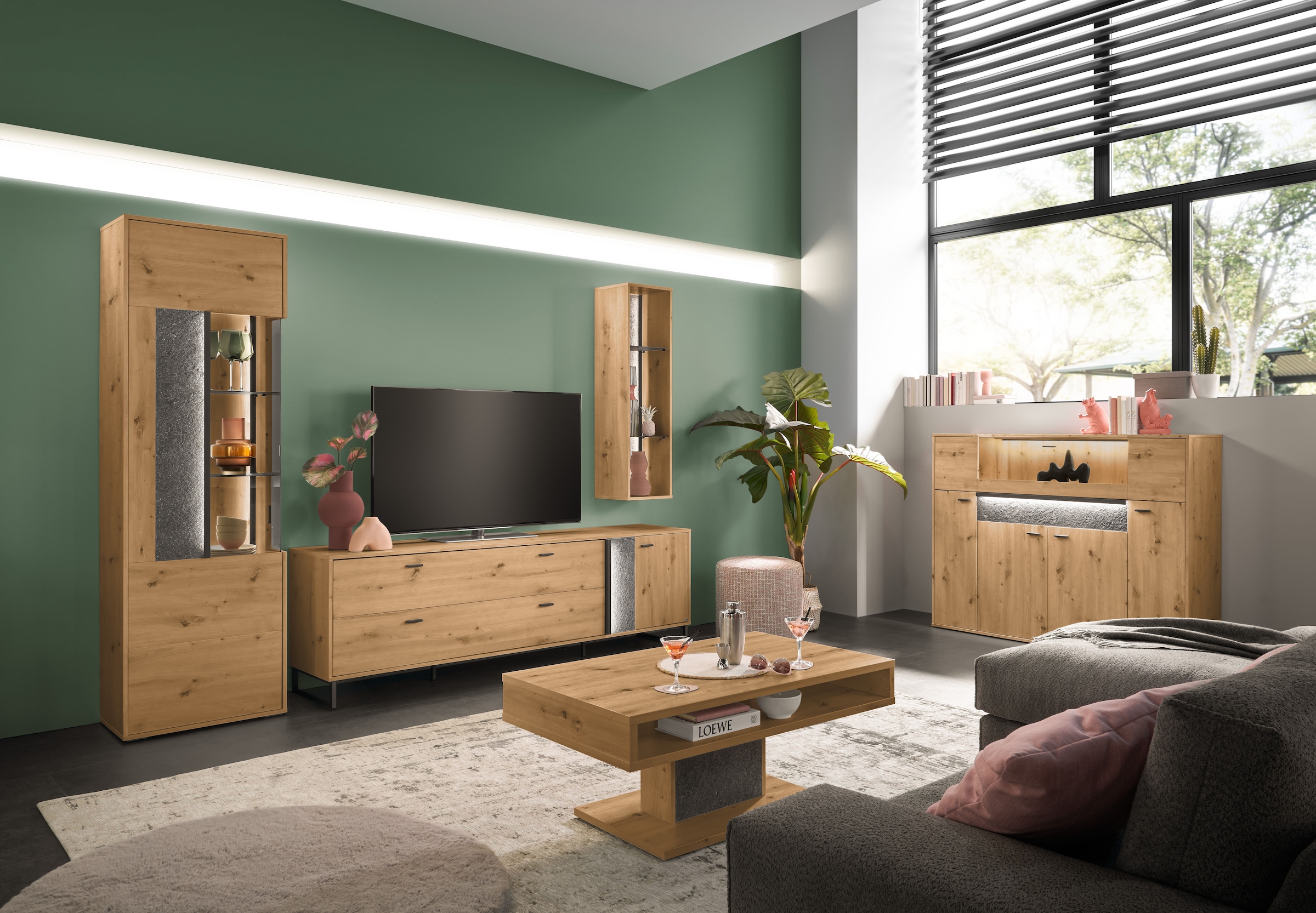 set one by Musterring Highboard »Deltona«, inklusive Beleuchtung, Glasklappe und Zierelement, B154 x H122 cm
