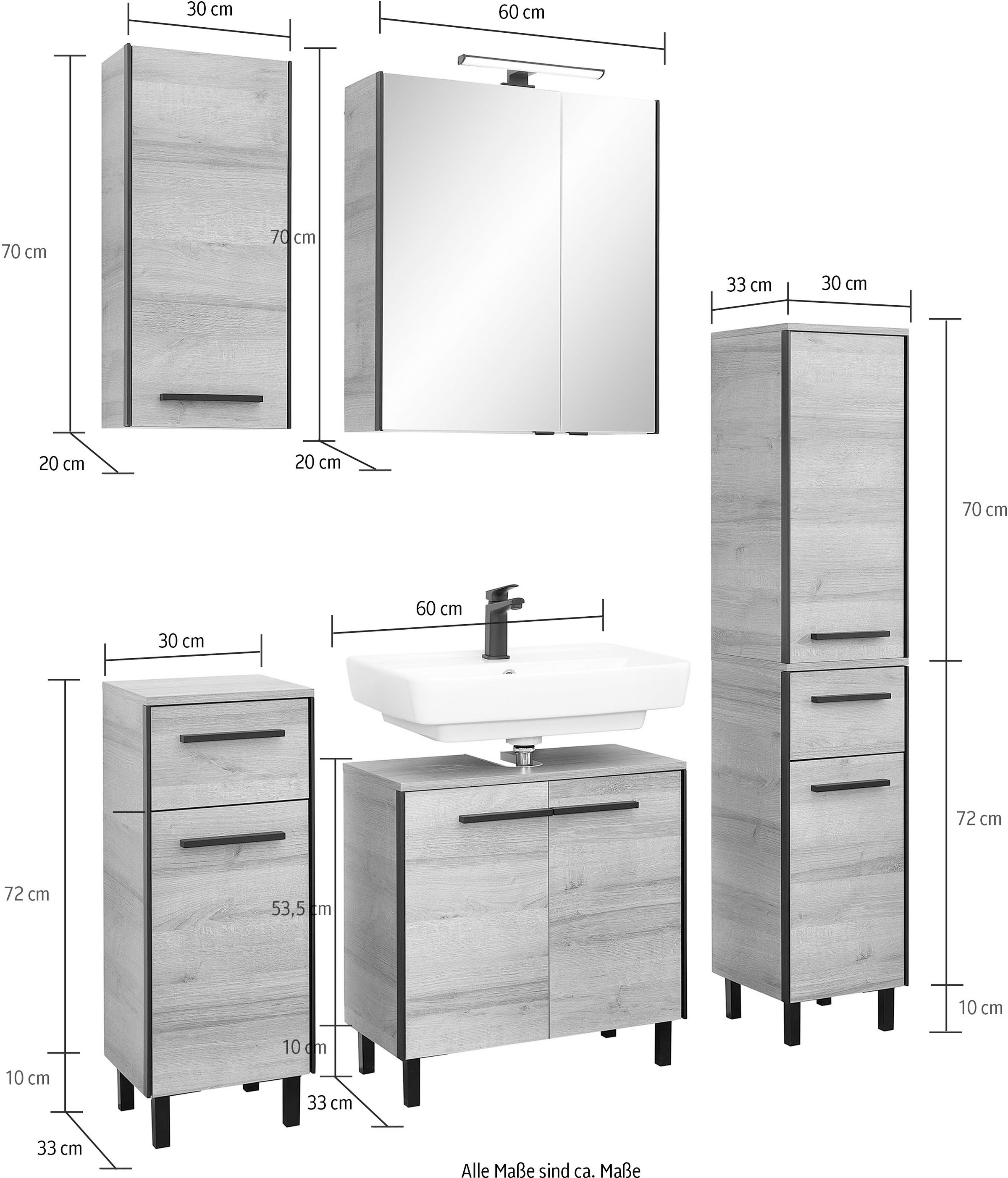 Saphir Badmöbel-Set »Quickset 395 5-teilig, Waschbeckenunterschrank mit LED-Spiegelschrank«, (5 St.), Unterschrank, Hängeschrank, Midischrank, inkl. Türdämpfer, 7 Türen