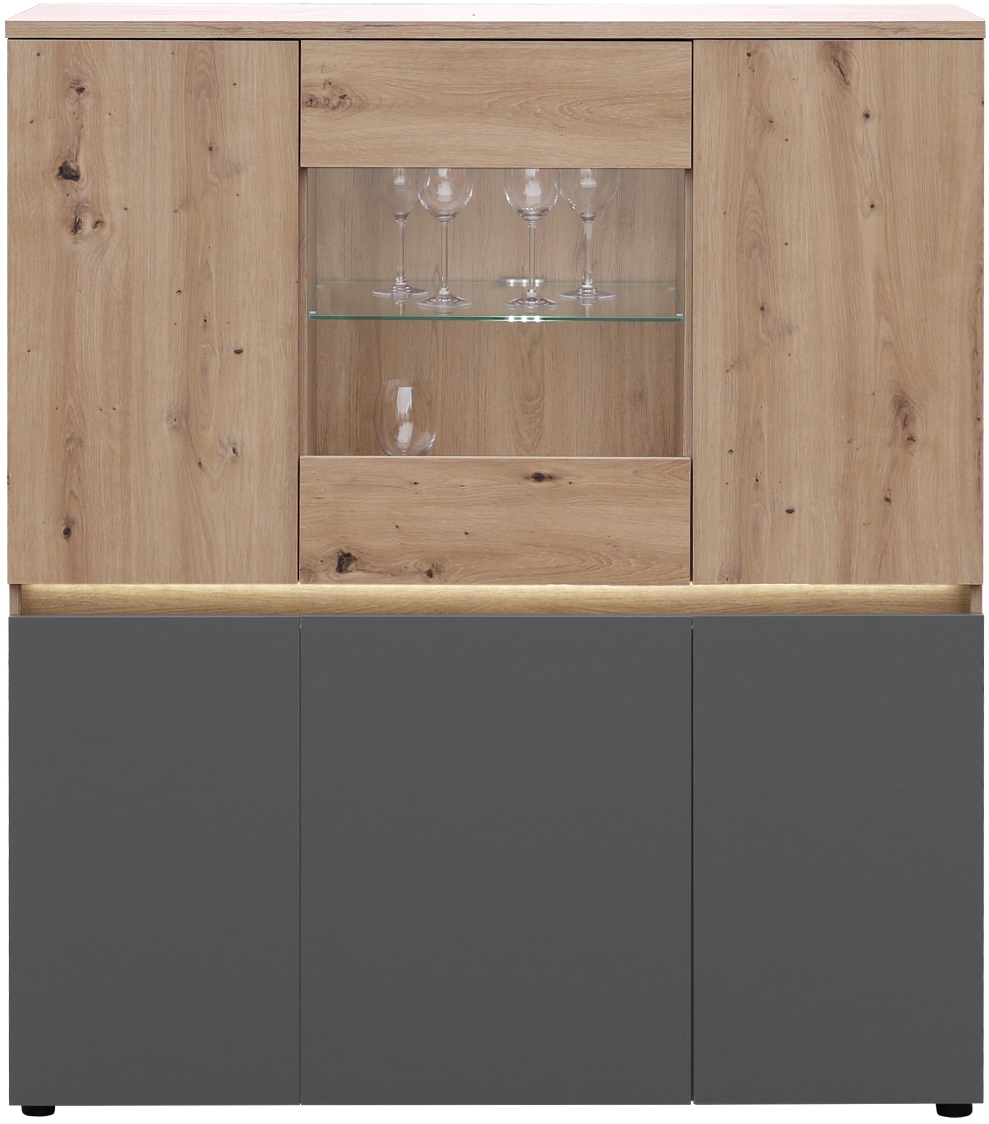 HBZ Highboard »Lille mit LED-Beleuchtung, Wohnzimmerschrank BxHxT 120x140x38 cm«, (1 St.), Mit 5 Türen, 5 Einlegeböden und 1 Glasboden