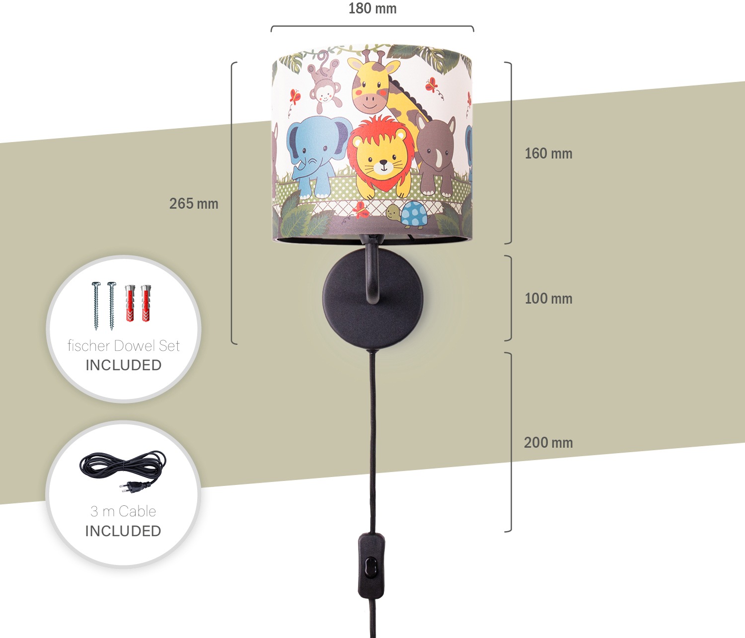 Paco Home Wandleuchte »Diamond 634«, 1 flammig, Leuchtmittel E14 | LED fest integriert, Kinderlampe Innen Mit âˆ…18cm Zoo Tiere Kabellänge 3m E14