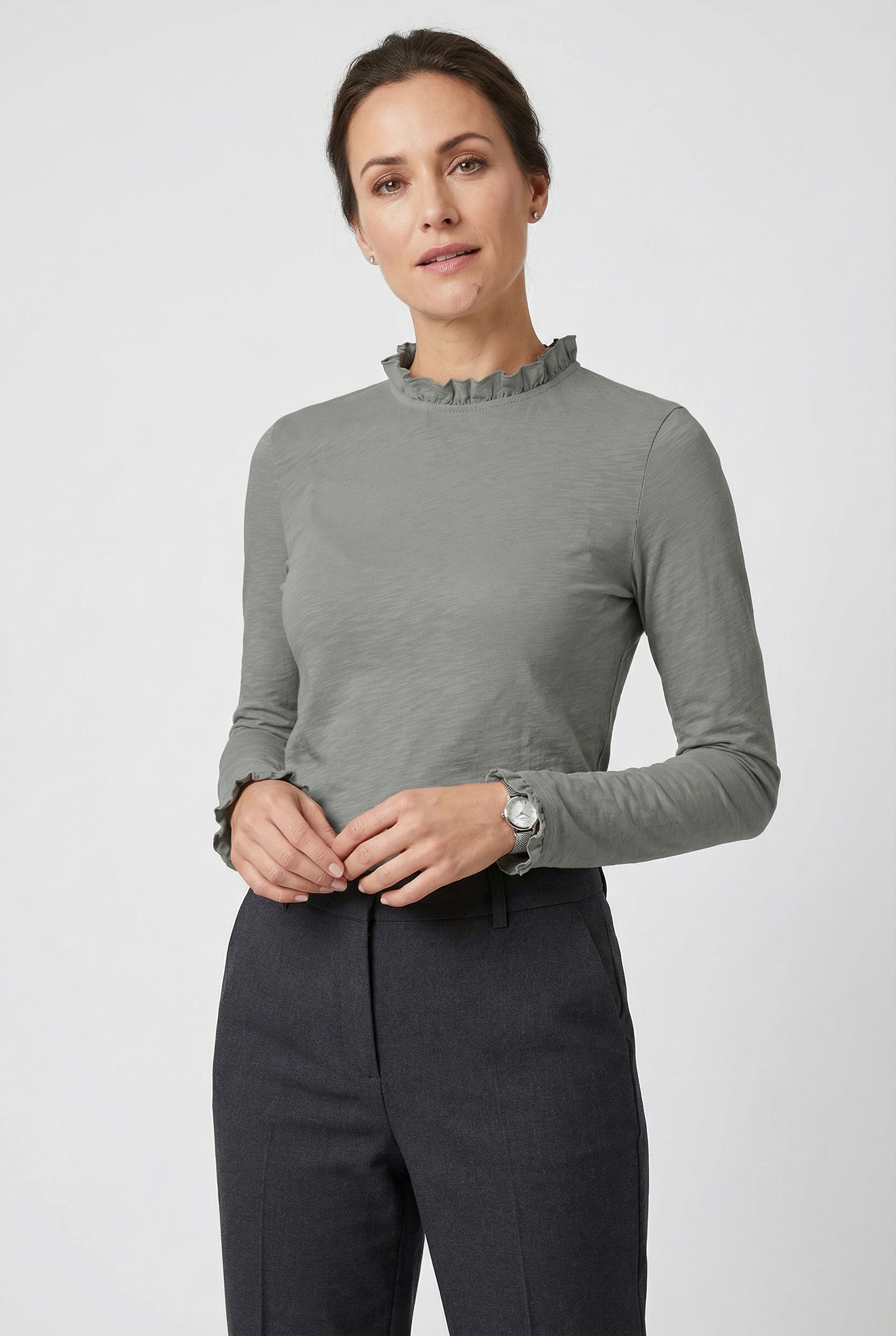 RICHROYAL Langarmshirt »2409 O Slub F LS« mit Rüschenkante an Ausschnitt und Ärmelsaum