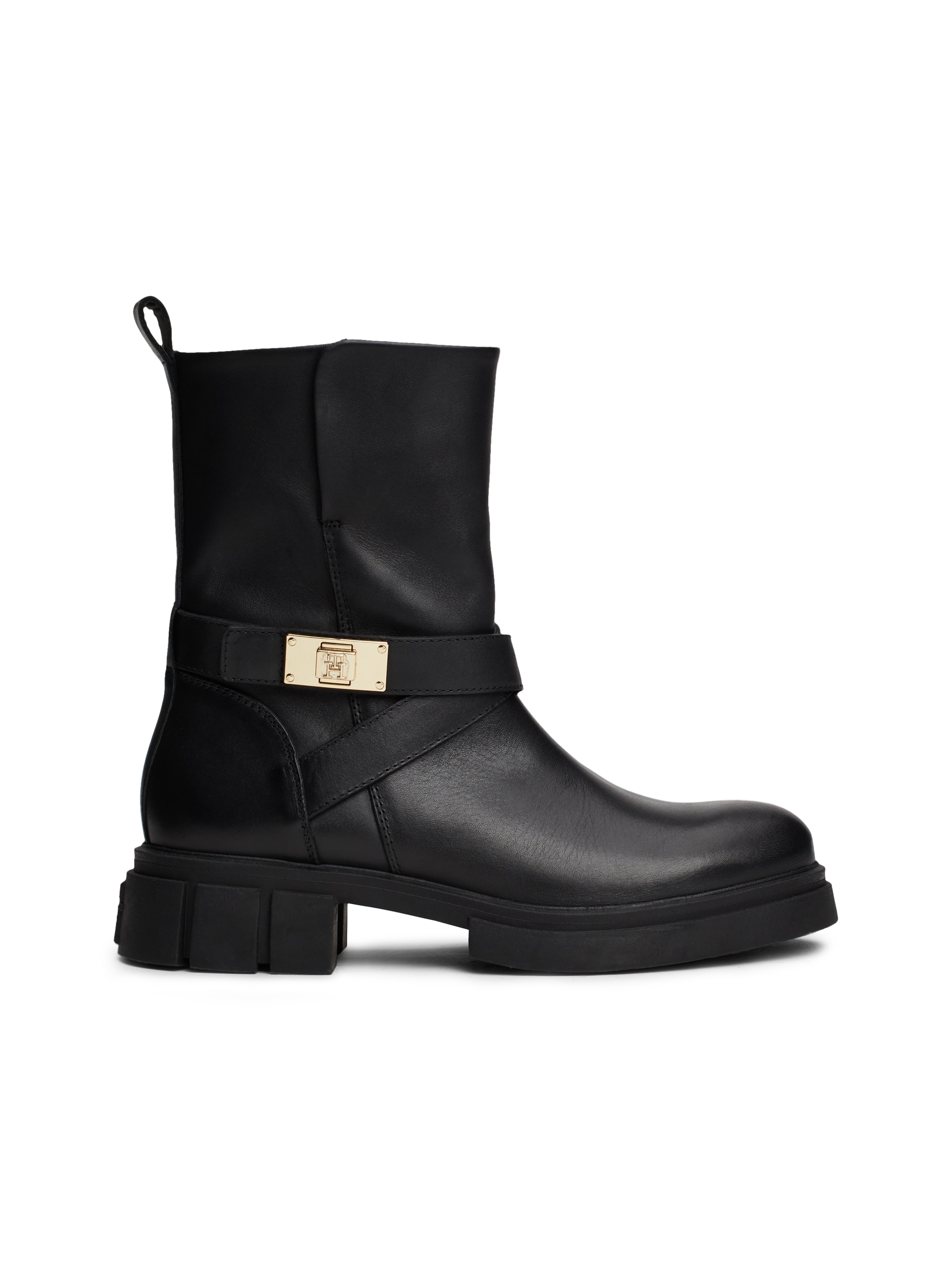 Tommy Hilfiger Bikerboots »BIKER LEATHER«, Blockabsatz, Stiefelette, Boots mit goldfarbenem Schmuckelement