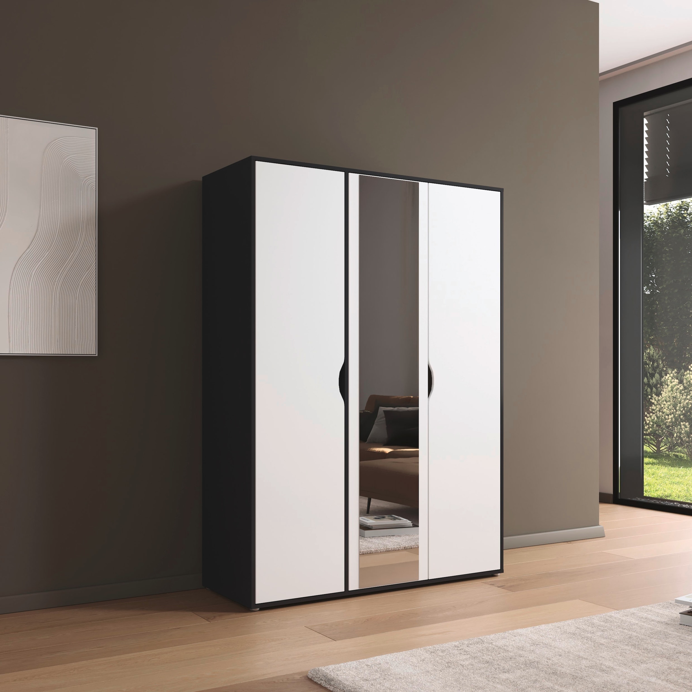 rauch Drehtürenschrank »Kleiderschrank Schrank Garderobe Wäscheschrank NARAI mit Spiegel« in 3 verschiedenen Ausstattungen BASIC/CLASSIC/PREMIUM,  Griffausfräsungen für eine grifflose Optik TOPSELLER MADE IN GERMANY