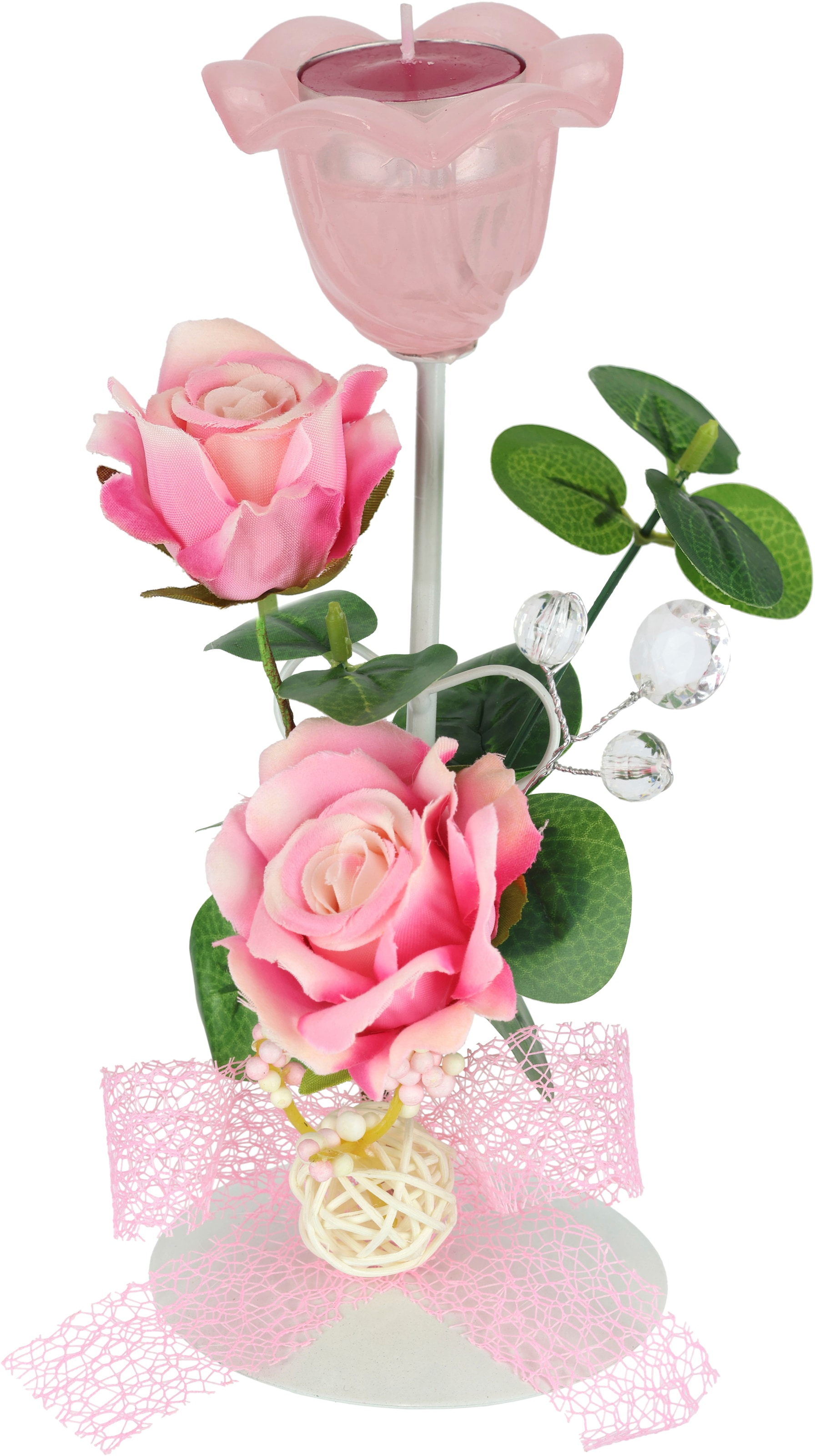 I.GE.A. Teelichthalter »Teelichthalter 'Rosen'«, (1 St.), Aus Metall mit Glas, Teelicht-Kerze, Rosen, Eukalyptus, Kerzenhalter