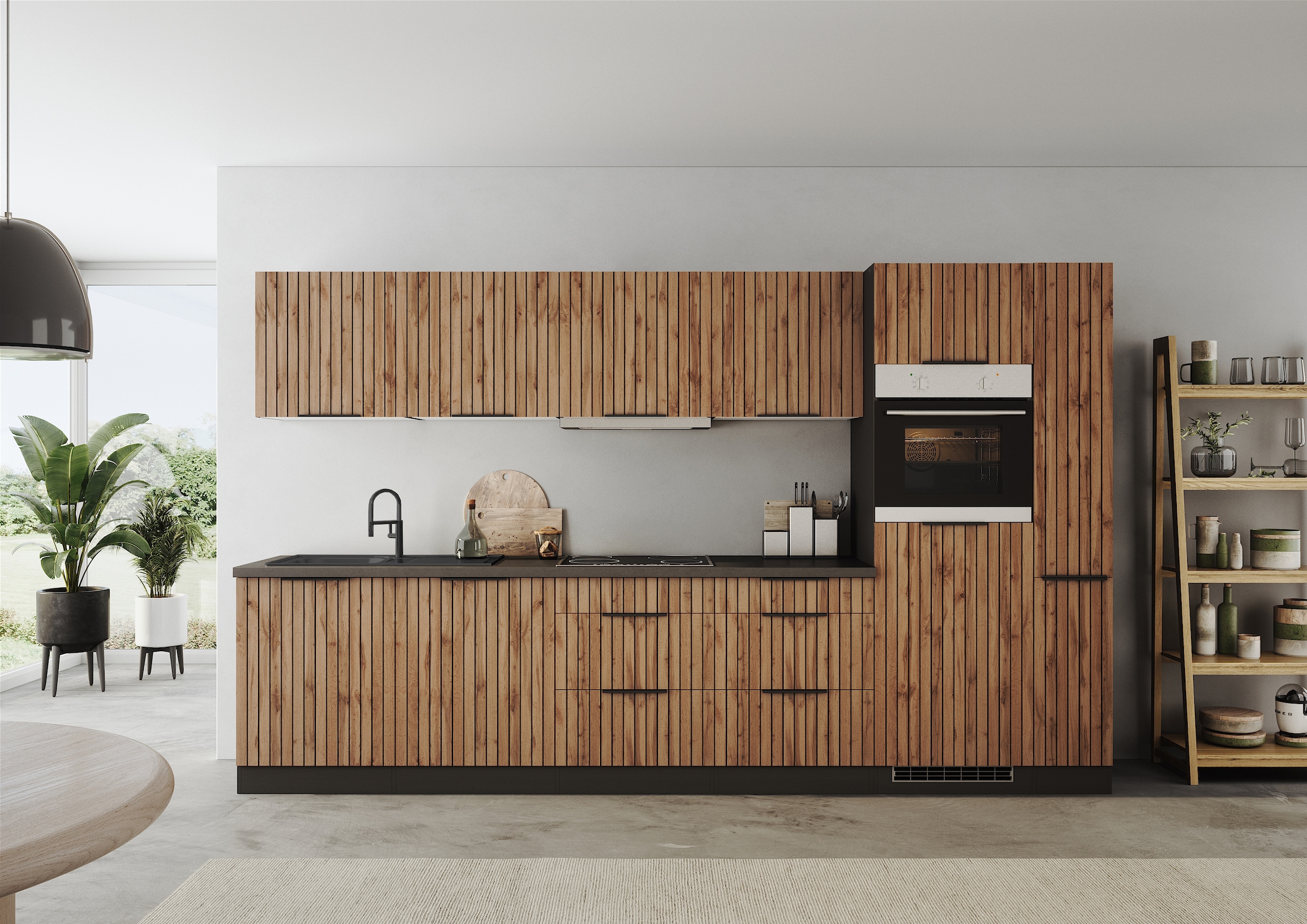 KOCHSTATION Küchenzeile »KS-Lagos, wahlweise mit E-Geräten, Spüle edelstahl oder schwarz«, Breite 330cm, Ceran-oder Induktionskochfeld,mit oder ohne Kühlschrank