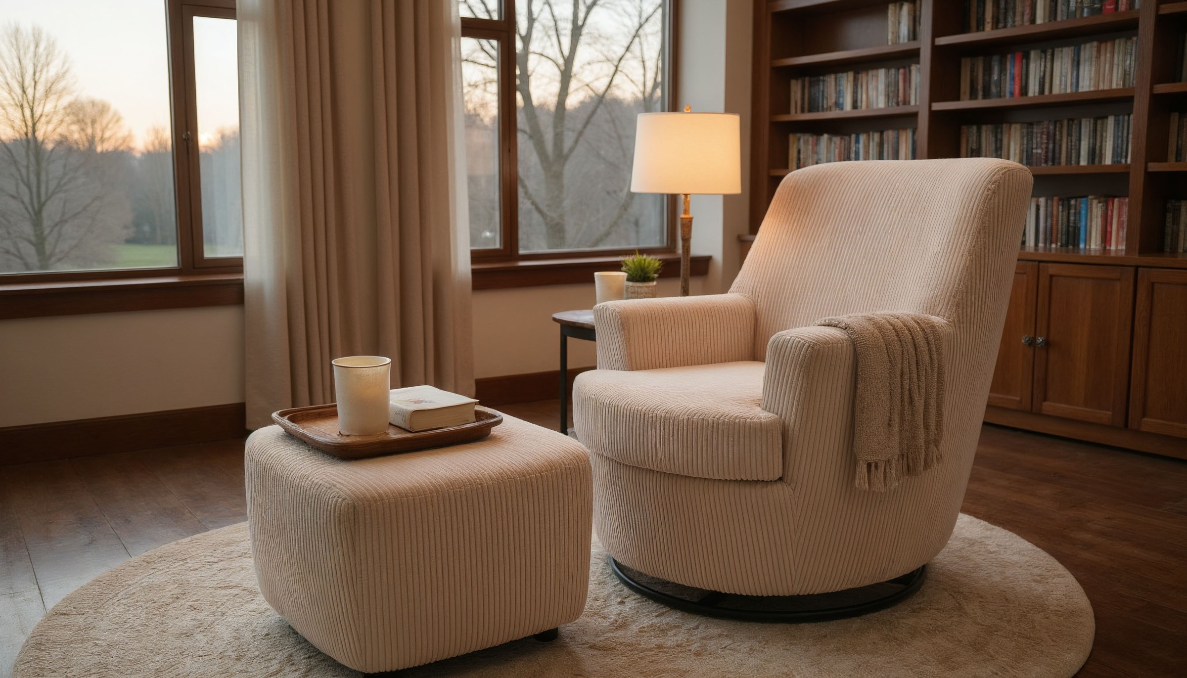 INOSIGN Drehsessel »HETTY, Drehsessel mit Wippfunktion und Hocker; Lesesessel, Armsessel«, (Set, 2 St.), mit Dreh/Wippfunktion, mit Federkern, in Cord und Microfaser