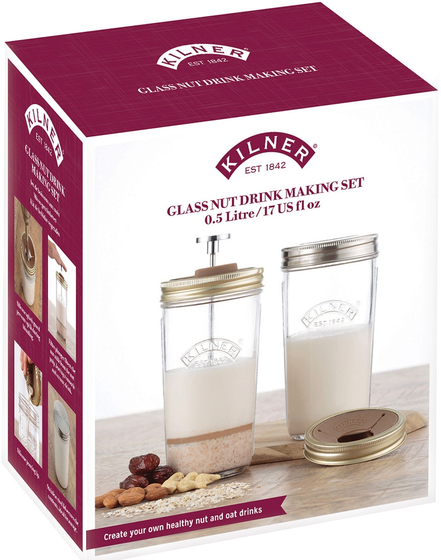 KILNER Protein Shaker, (Set, 4 tlg.), für Nussmilch, mit Spritzschutz, Kolben und 2 Gläsern á 0,5 L