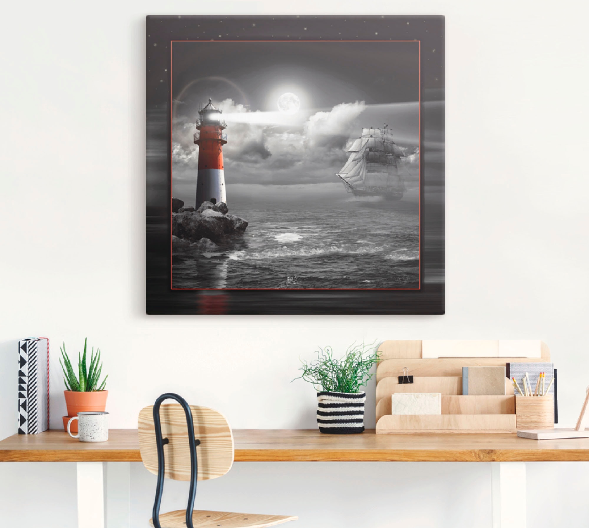Artland Wandbild »Leuchtturm und Segelschiff im Mondschein«, Küste, (1 St.), als Leinwandbild, Poster, Wandaufkleber in verschied. Größen