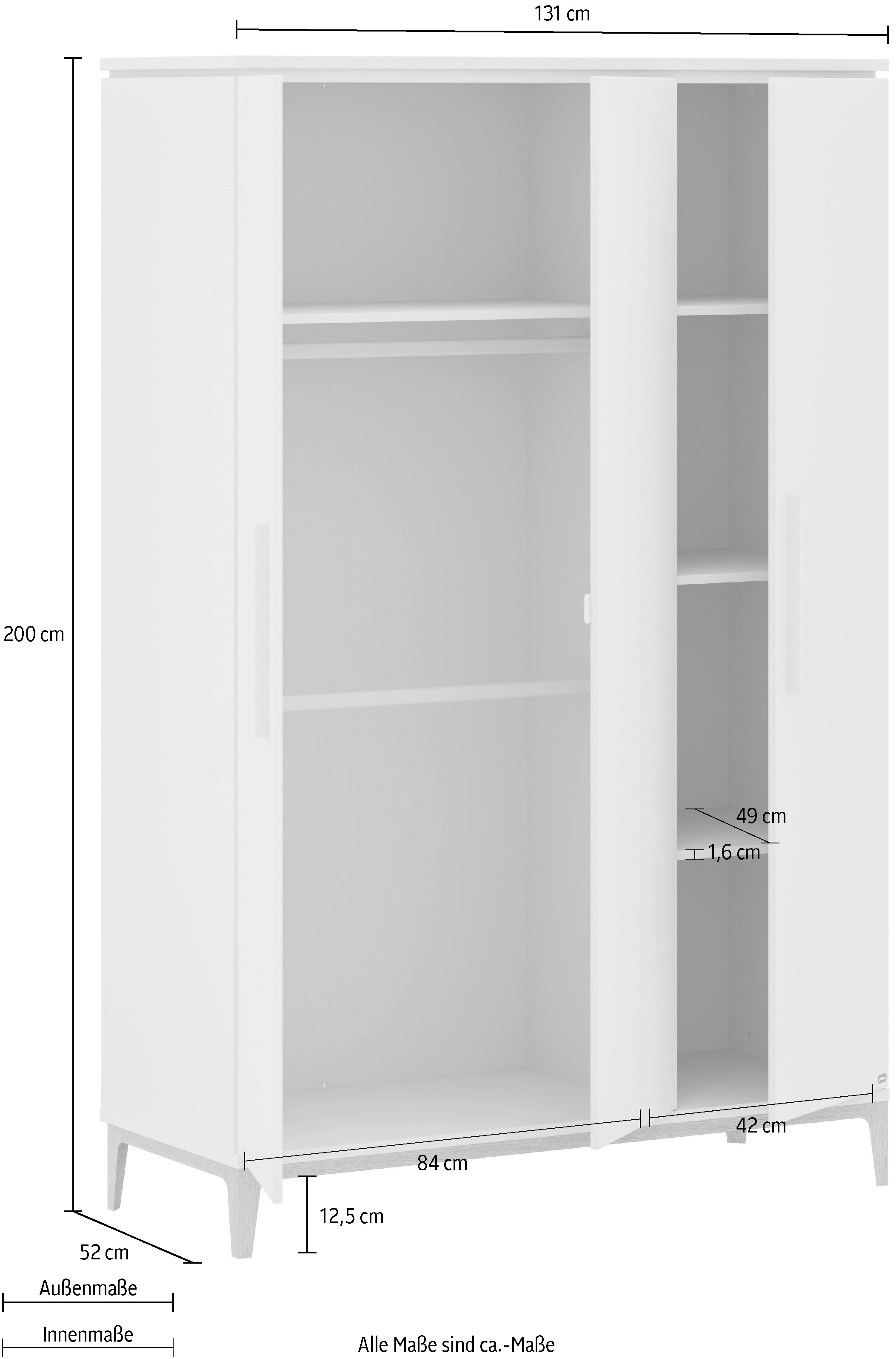 PAIDI Kleiderschrank »CUTIE LEA in Weiß, verschiedene Größen, Türen mit Soft-Close-Funktion« B/H/T ca. 95-131/200/52cm, mit 2 oder 3 Türen, Off-White,  stabiler Drehtürenschrank aus Holz, mit Kleiderstangen & Einlegeböden
