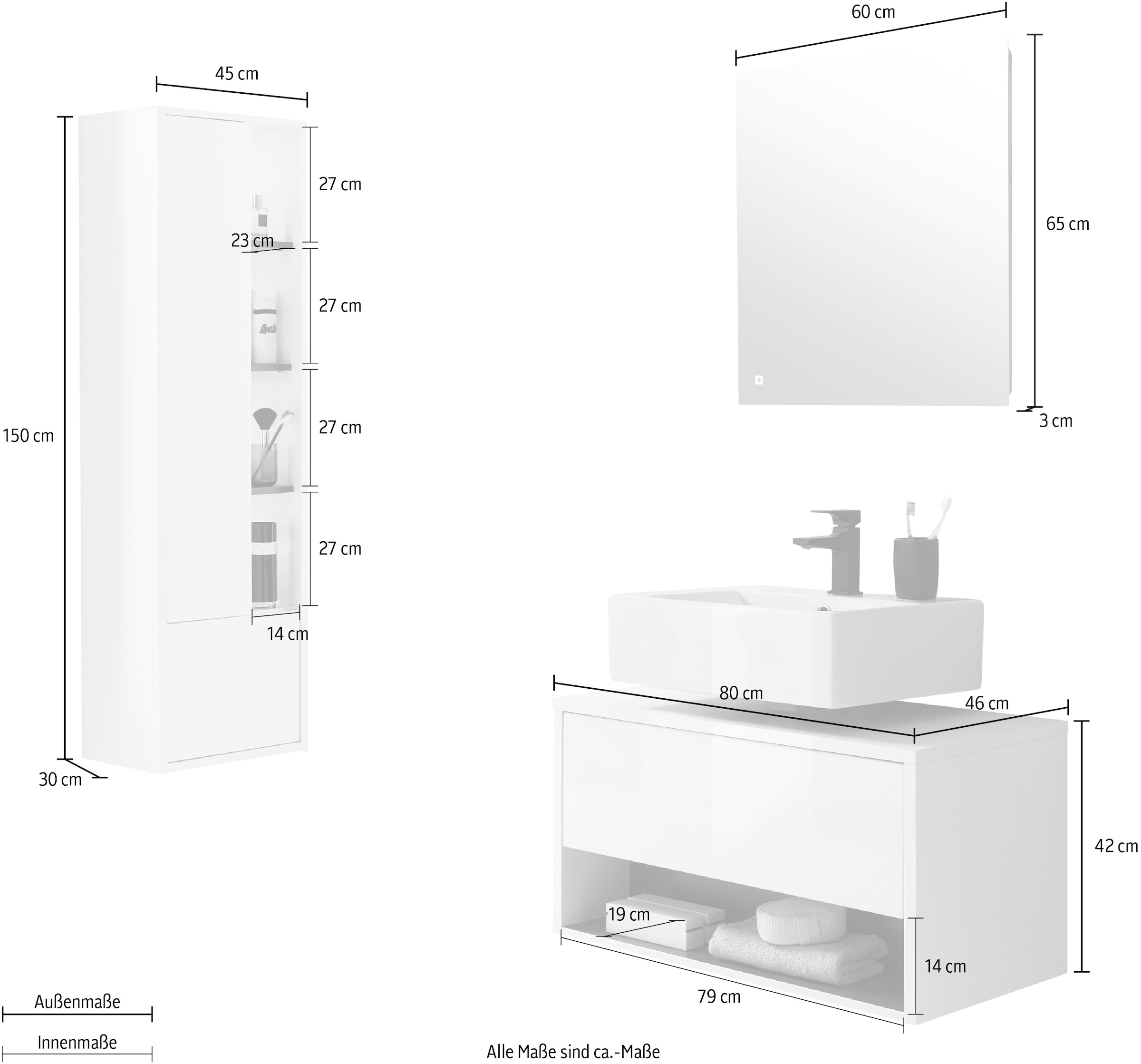 Places of Style Badmöbel-Set »Studio Line, Bad im modernen Design, 3-teiliges Badezimmer«, (3 St.), Schrank, Unterschrank und Spiegel, in zwei Farben verfügbar, Stauraum