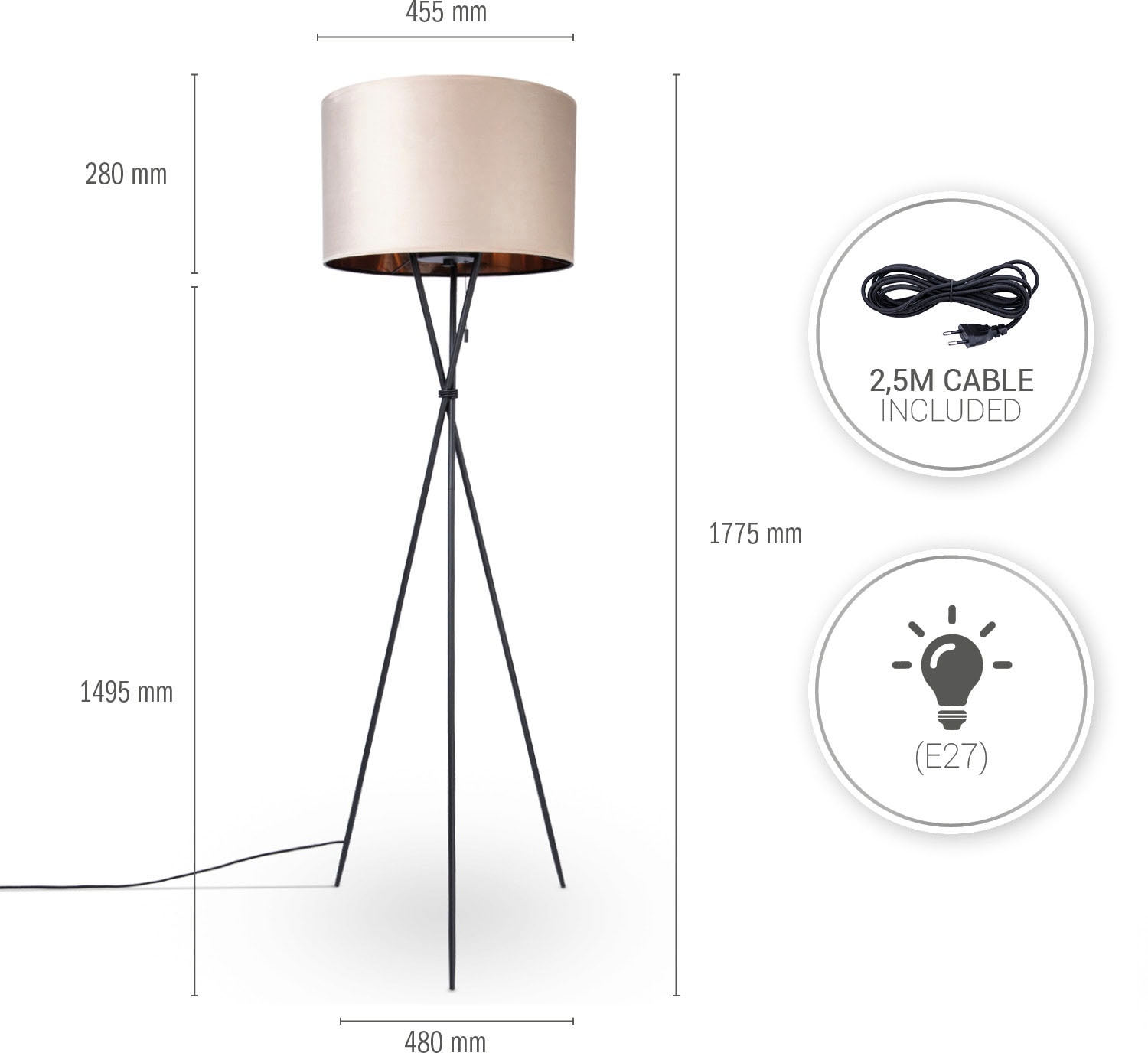 kaufen Color«, Stehlampe Höhe uni Paco Standleuchte 177,5cm »Kate E27 Dreibein Wohnzimmer Filigran Home online Velour