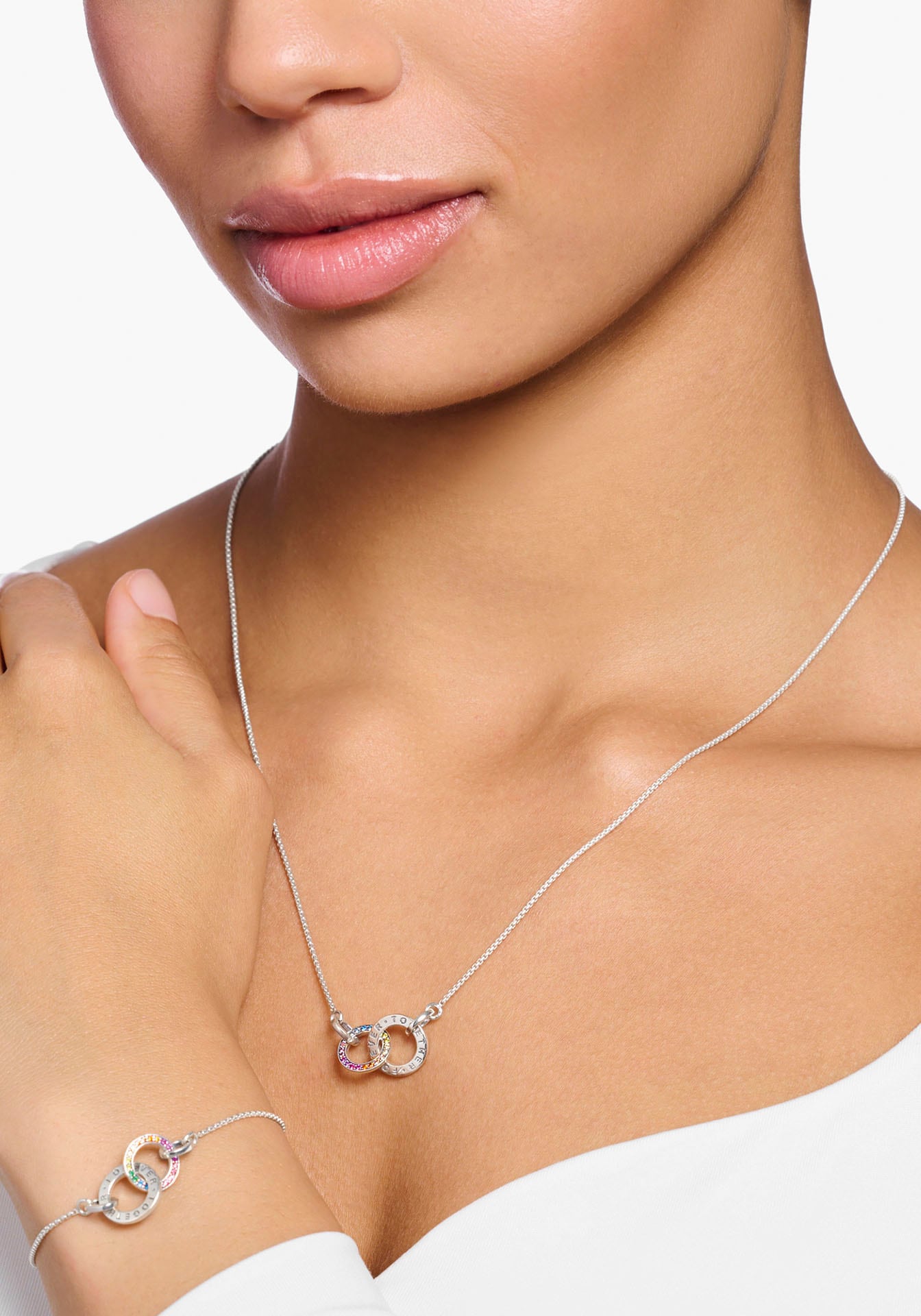 THOMAS SABO Kette mit Anhänger »Together mit zwei Ringen Silber geschwärzt, KE1488-318-7-L55V«, mit Glas-Keramik Stein, Korund, Spinell, Zirkonia (synth.)