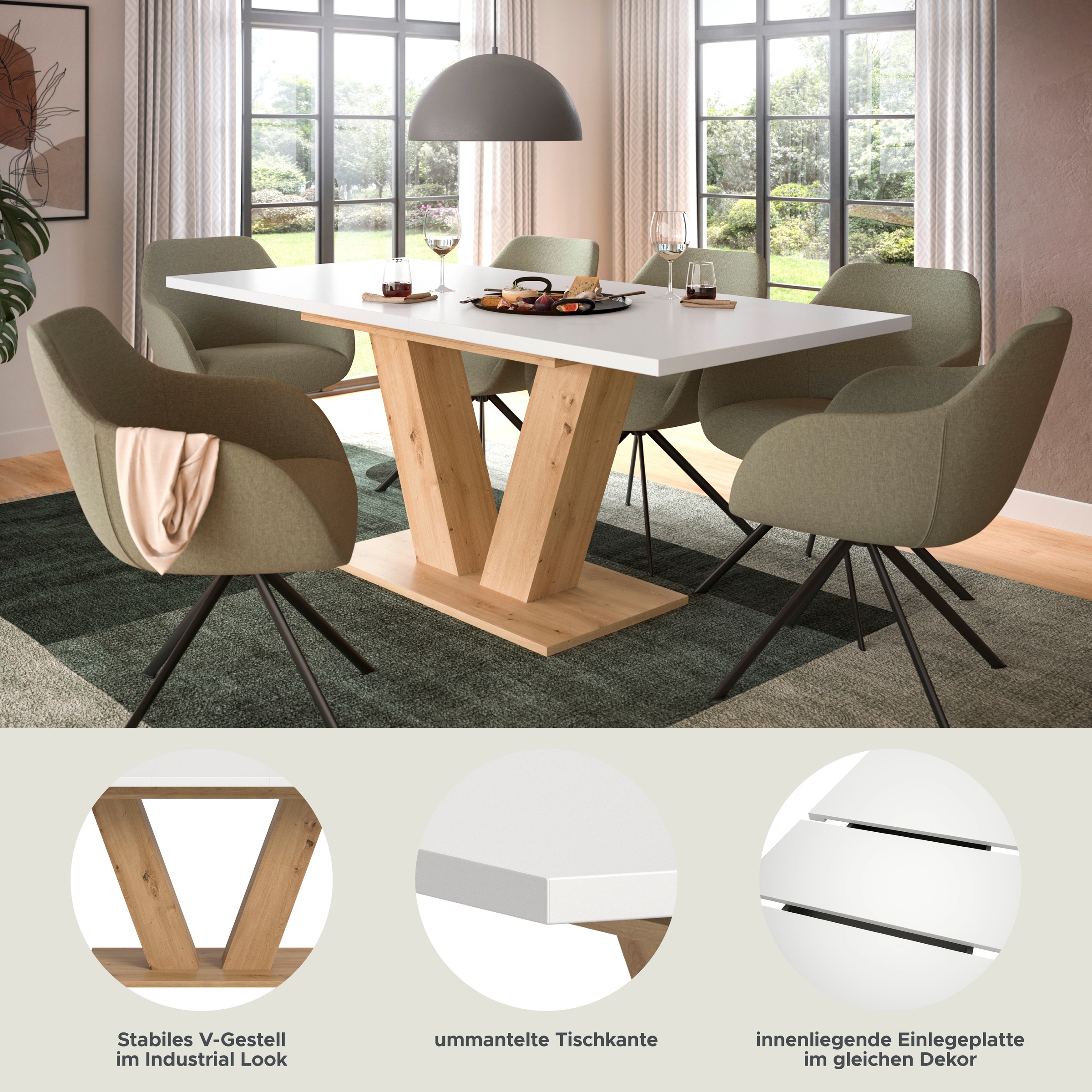 INOSIGN Esstisch »Motus, ausziehbar 150 -190 cm, inklusive 40 cm Einlegeplatte«, (Set, 1 St.), V-Gestell mit Bodenplatte, Tisch, Küchentisch, Esszimmer, Küche