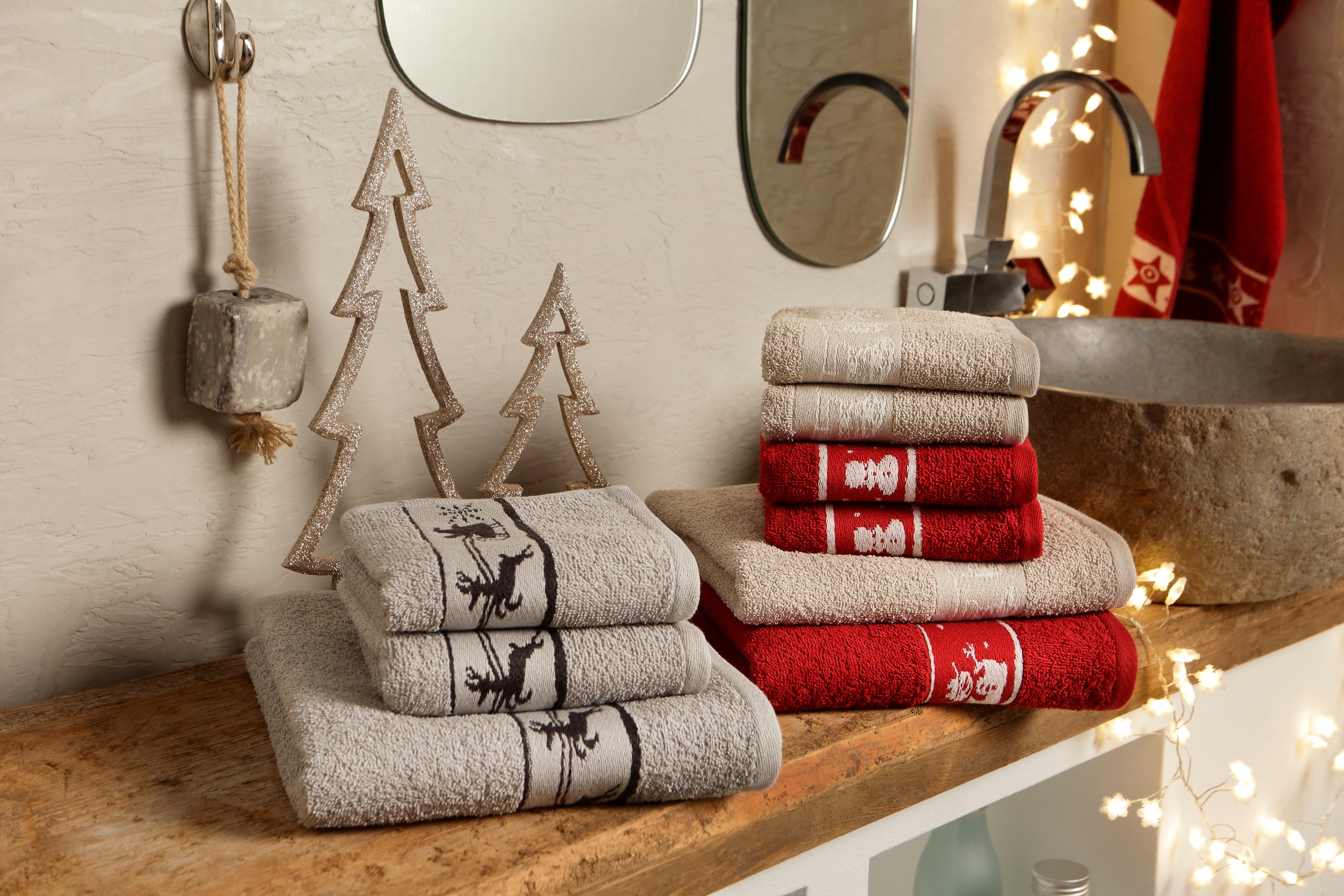 my home Handtuch Set »Weihnachten, Handtuch und Gästetücher«, Set, 3 tlg., Walkfrottee, mit Sternen & Bordüre, weihnachtliches Handtuchset, 100% Baumwolle
