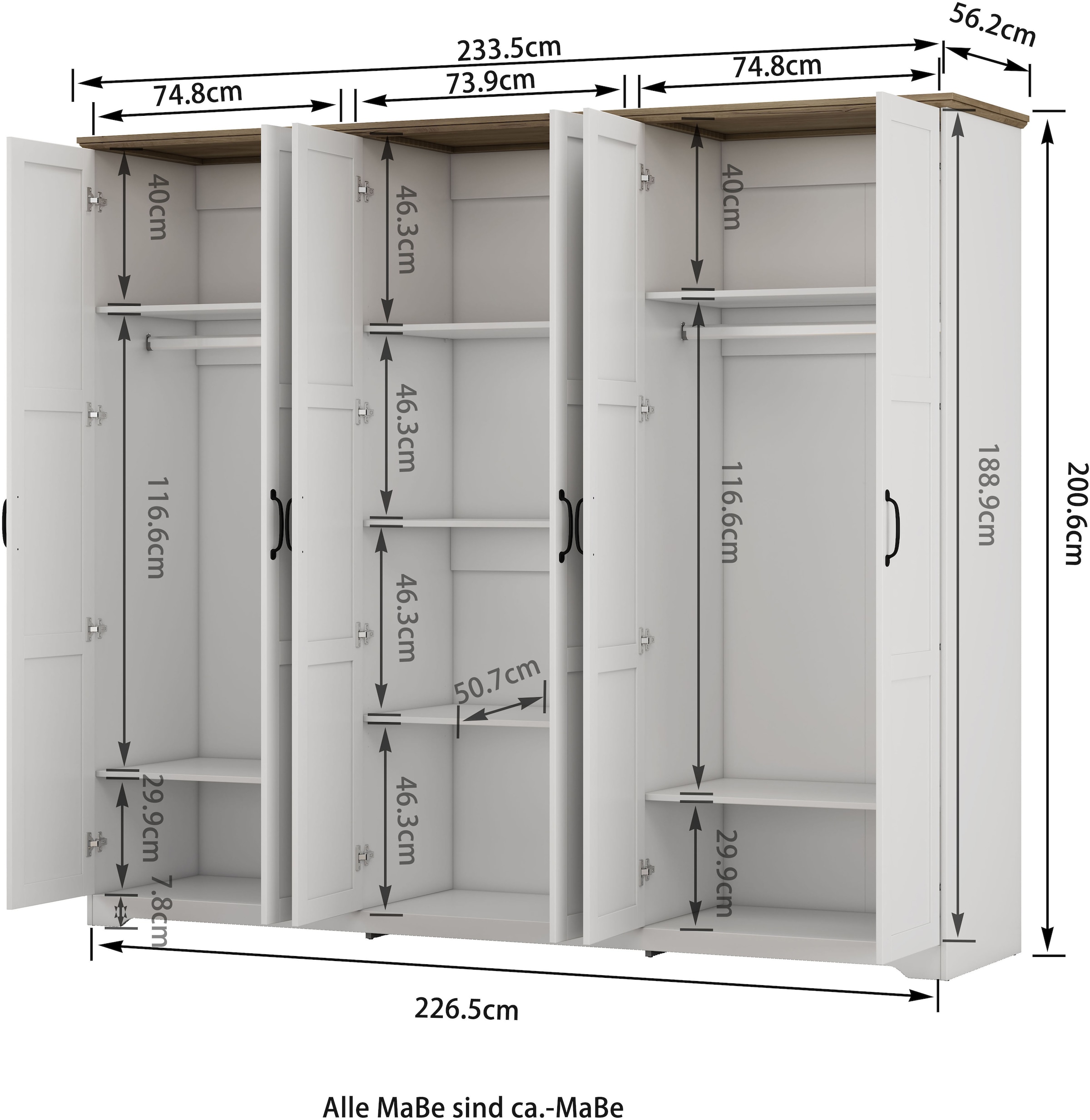 OTTO home Kleiderschrank »Emmilia Schrank Schlafzimmerschrank im Landhaus Design« Mit vielen Einlegeböden und Softclose,  Landhaus Schrank mit  6 Türen Breite 226,5cm Höhe 2m