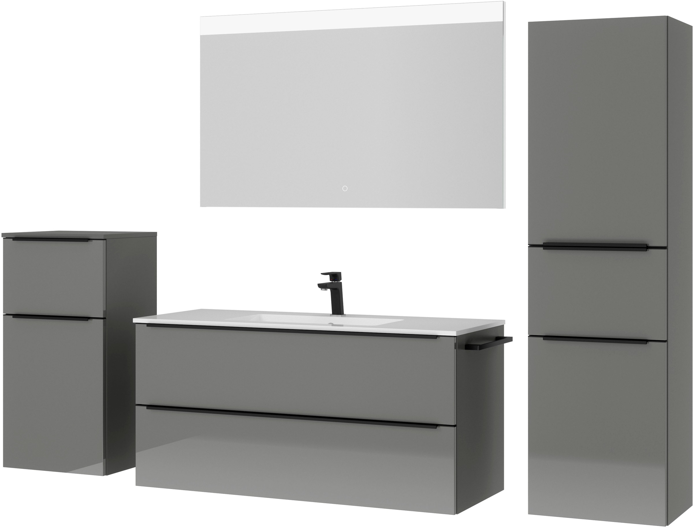 nobilia® Badmöbel-Set »Levere«, (4 St., vormontiert, mit Soft-Close), Hochglanz, inkl. Spiegel mit Touch-Sensor, in vier Breiten