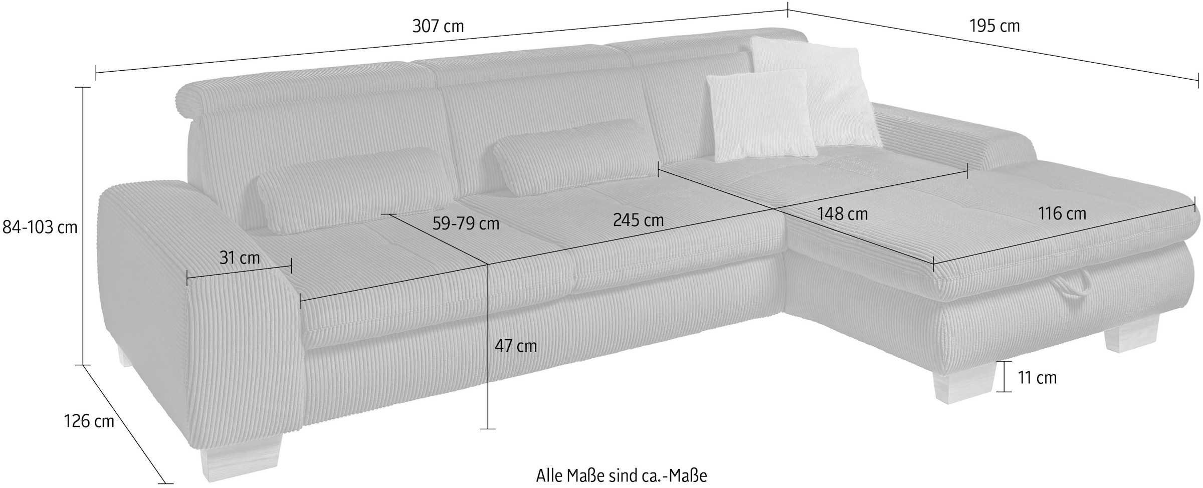 set one by Musterring Ecksofa »SO 3400 Sitzhöhe 47cm oder 49cm, Sitztiefe verstellbar, B/T: 307/195cm«, whlw. mit Funktion, Kaltschaum, in Cord, silver, Sitzhöhe 47