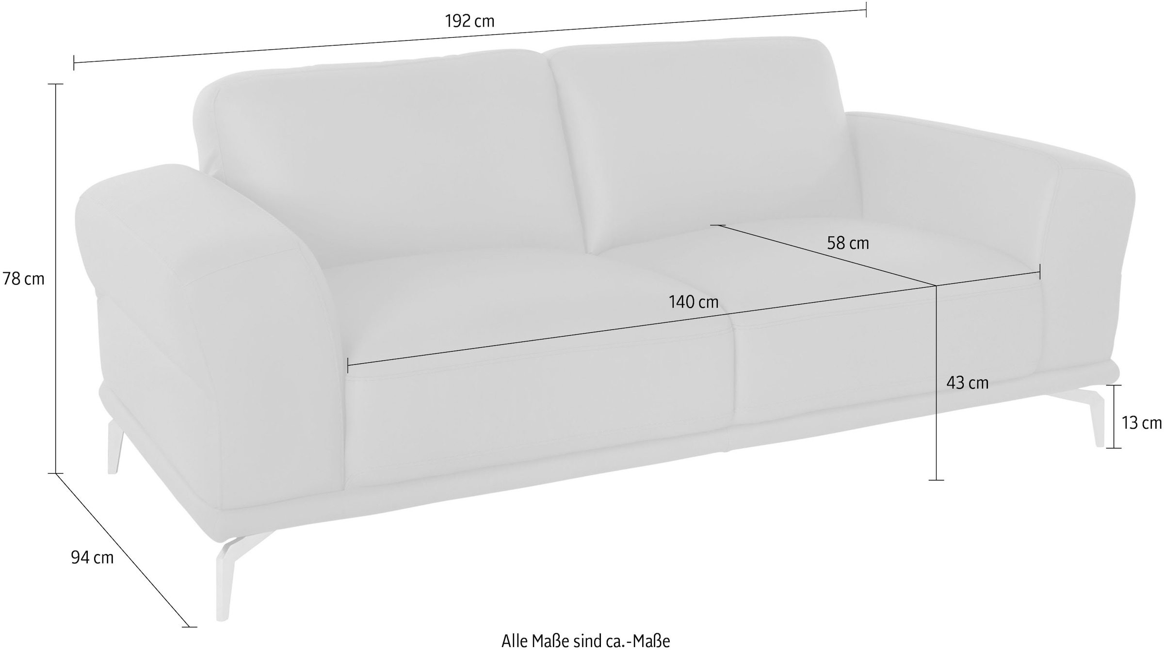 W.SCHILLIG 2-Sitzer »montanaa«, mit Metallfüßen in Silber matt, Breite 192 cm